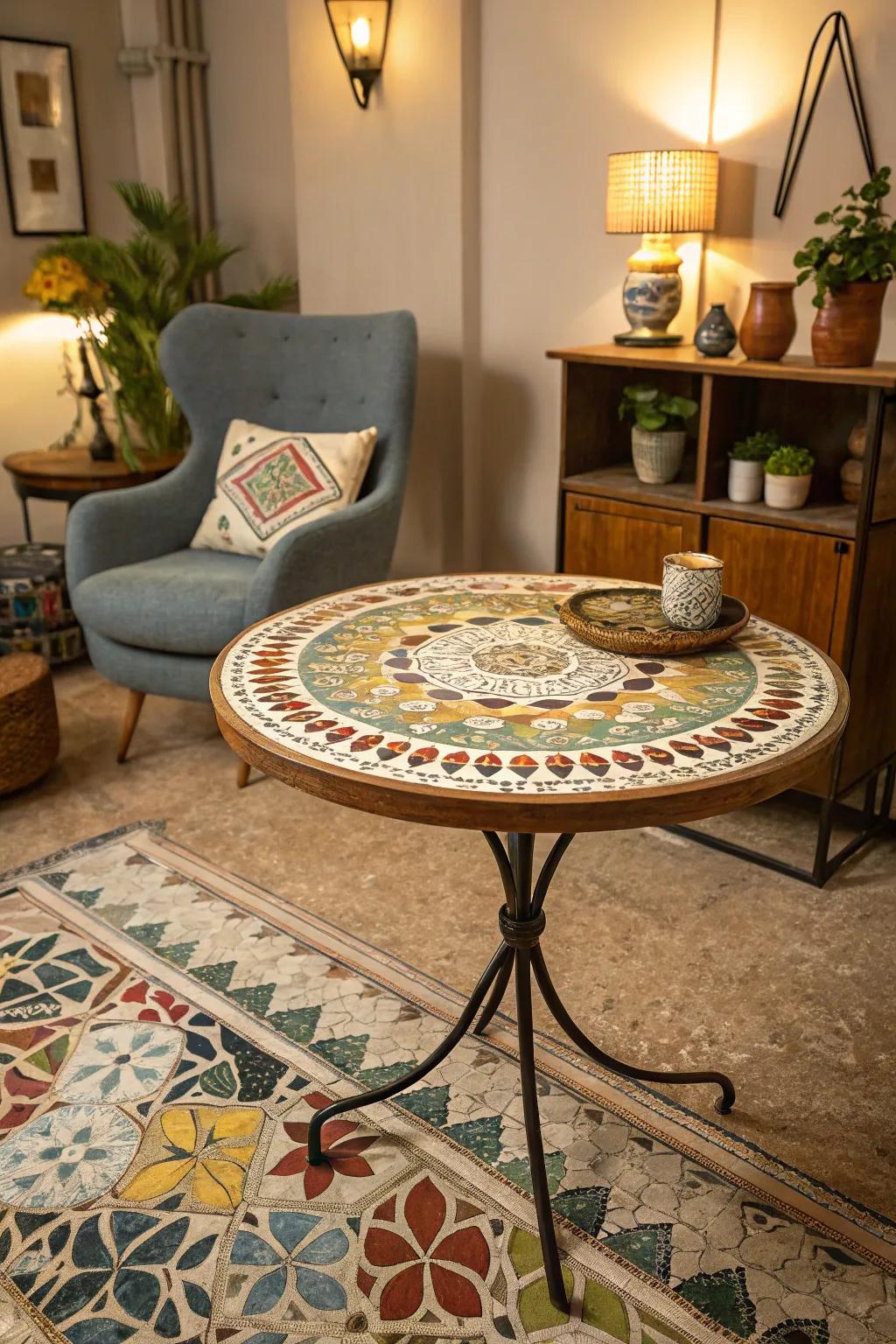 Vintage tiles impart enduring charm to mosaic table compositions.