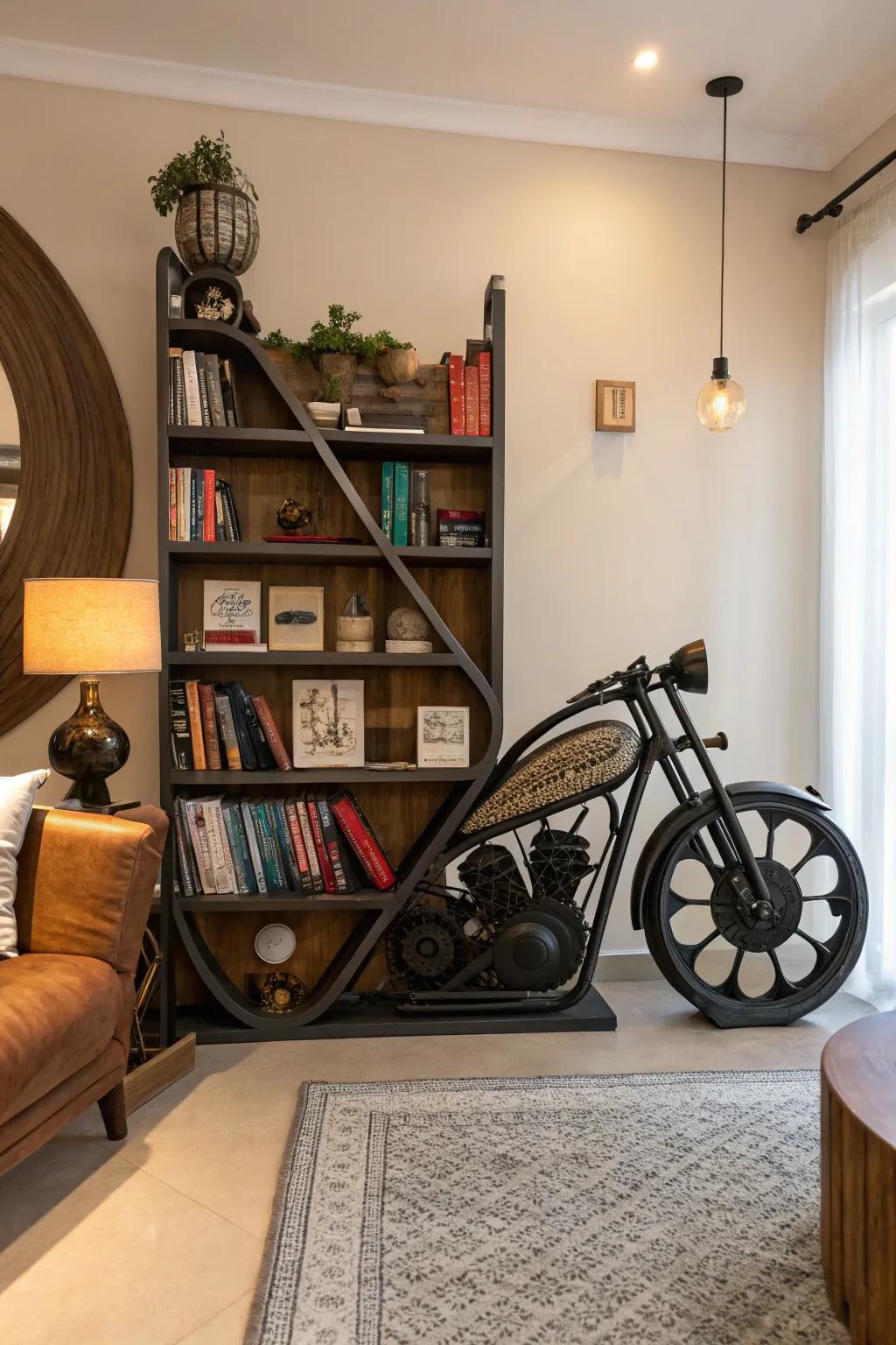 A stand-out bookshelf influenced by motorcycle design.