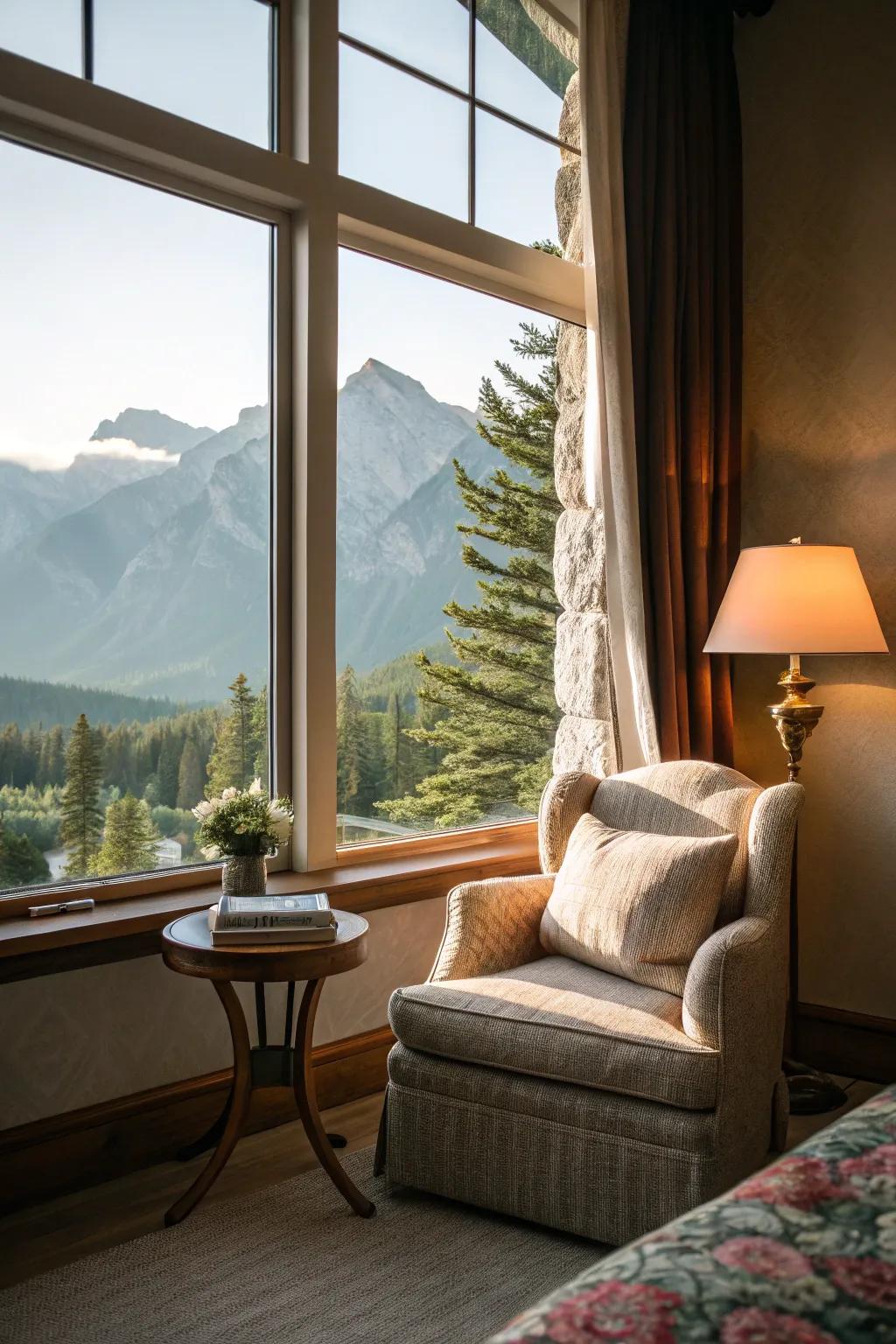 A reading nook offers a tranquil escape featuring scenic vistas.