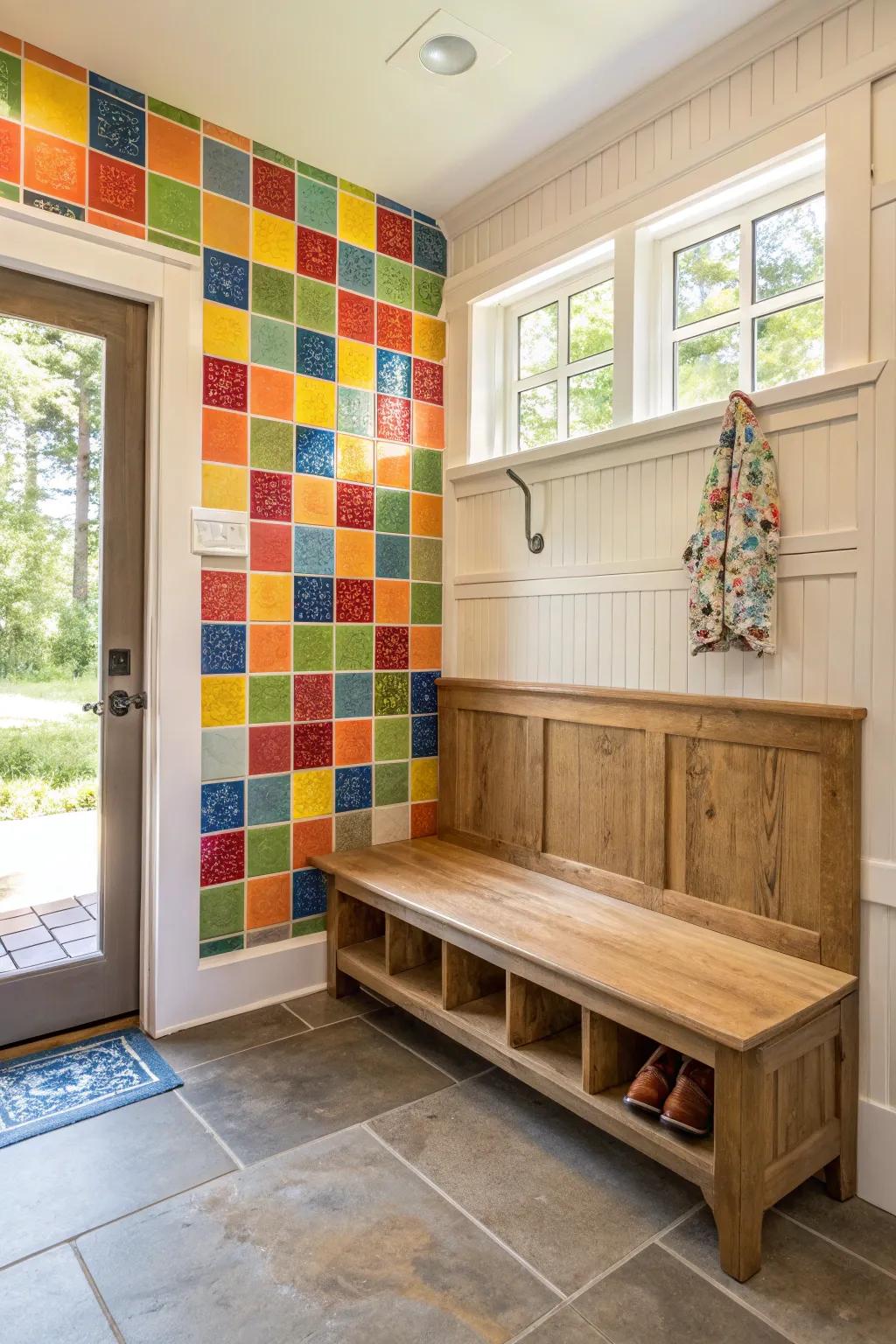 A bold mudroom bench featuring a vibrant tiled design.