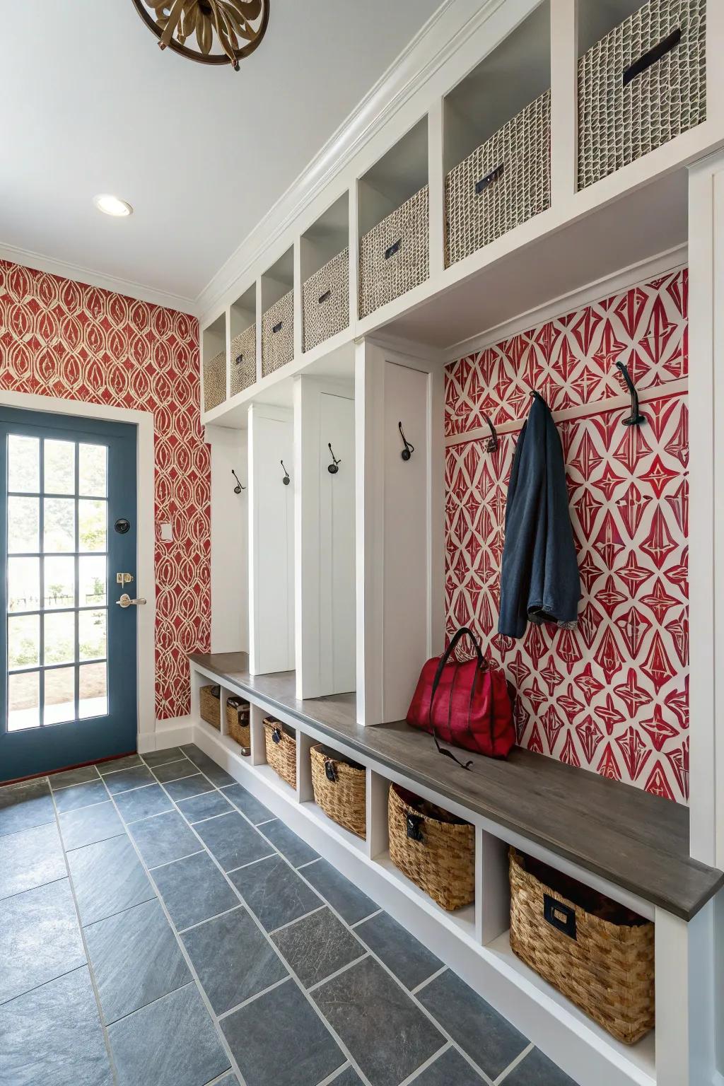 A mudroom featuring a patterned wall covering.