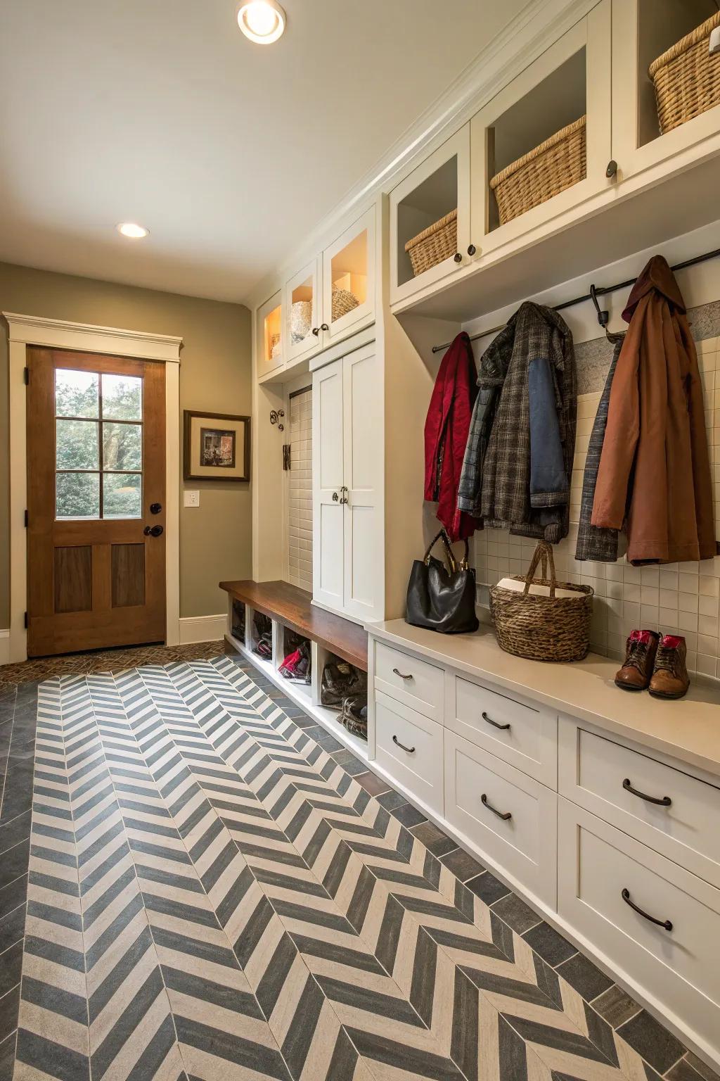 Arrowhead patterns create dynamic movement in your mudroom.