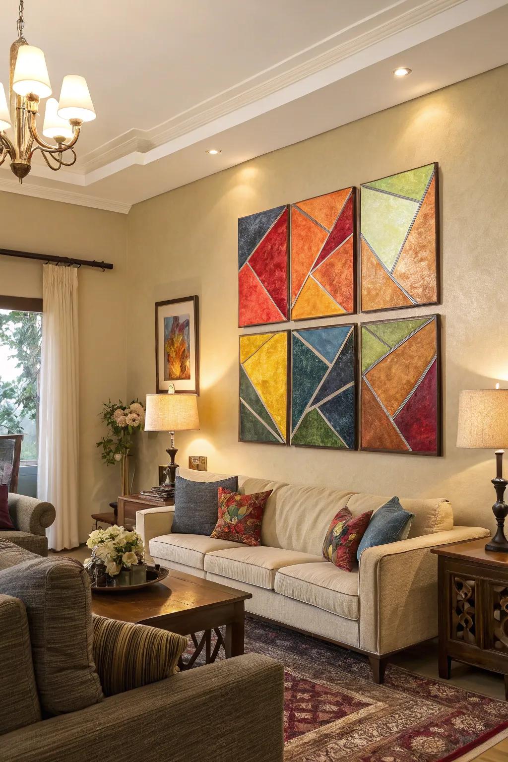 The bold statement created in this living room is made possible by interlocking conceptual patterns across multiple canvases.