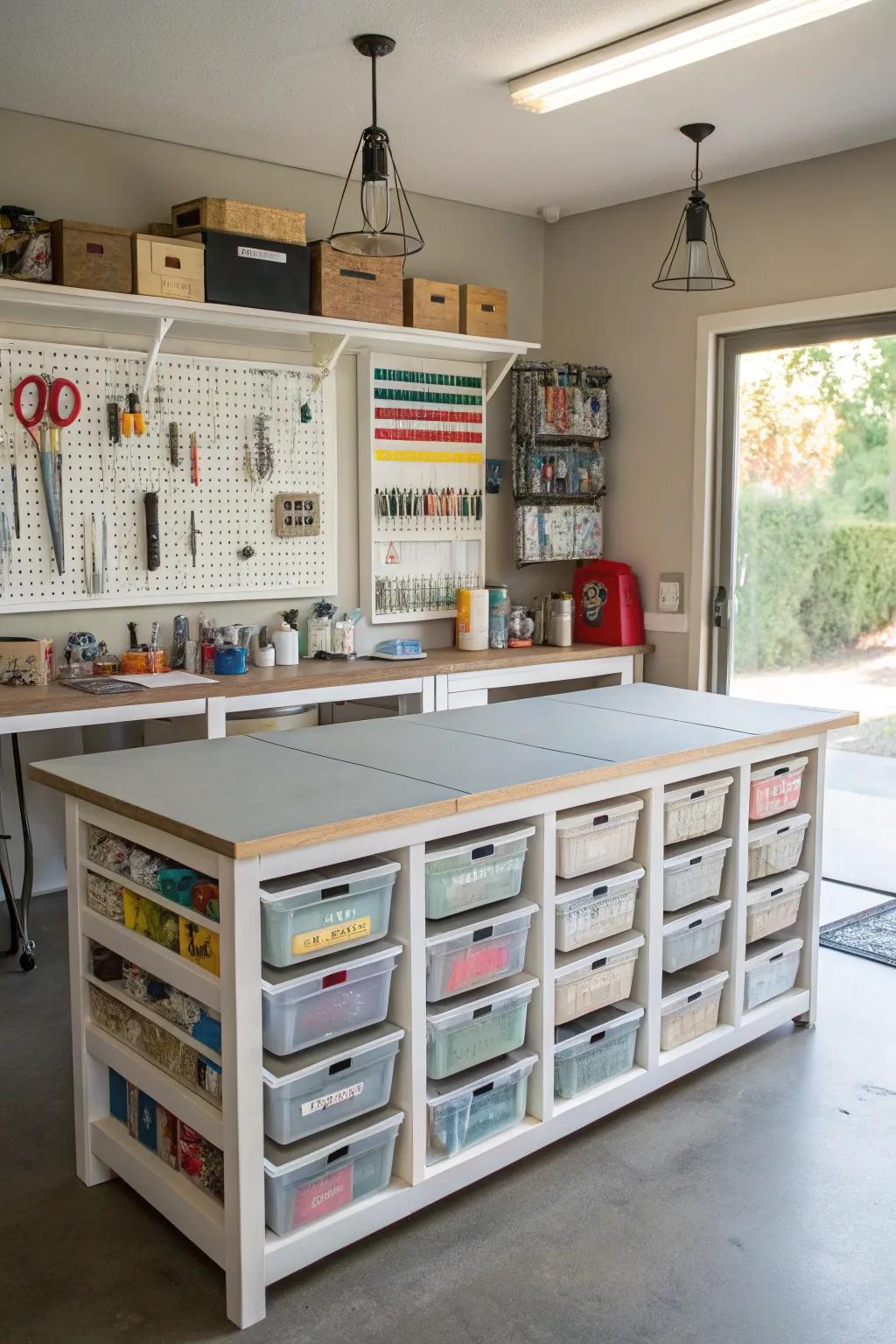 A well-organized space for crafts and hobbies in a garage.