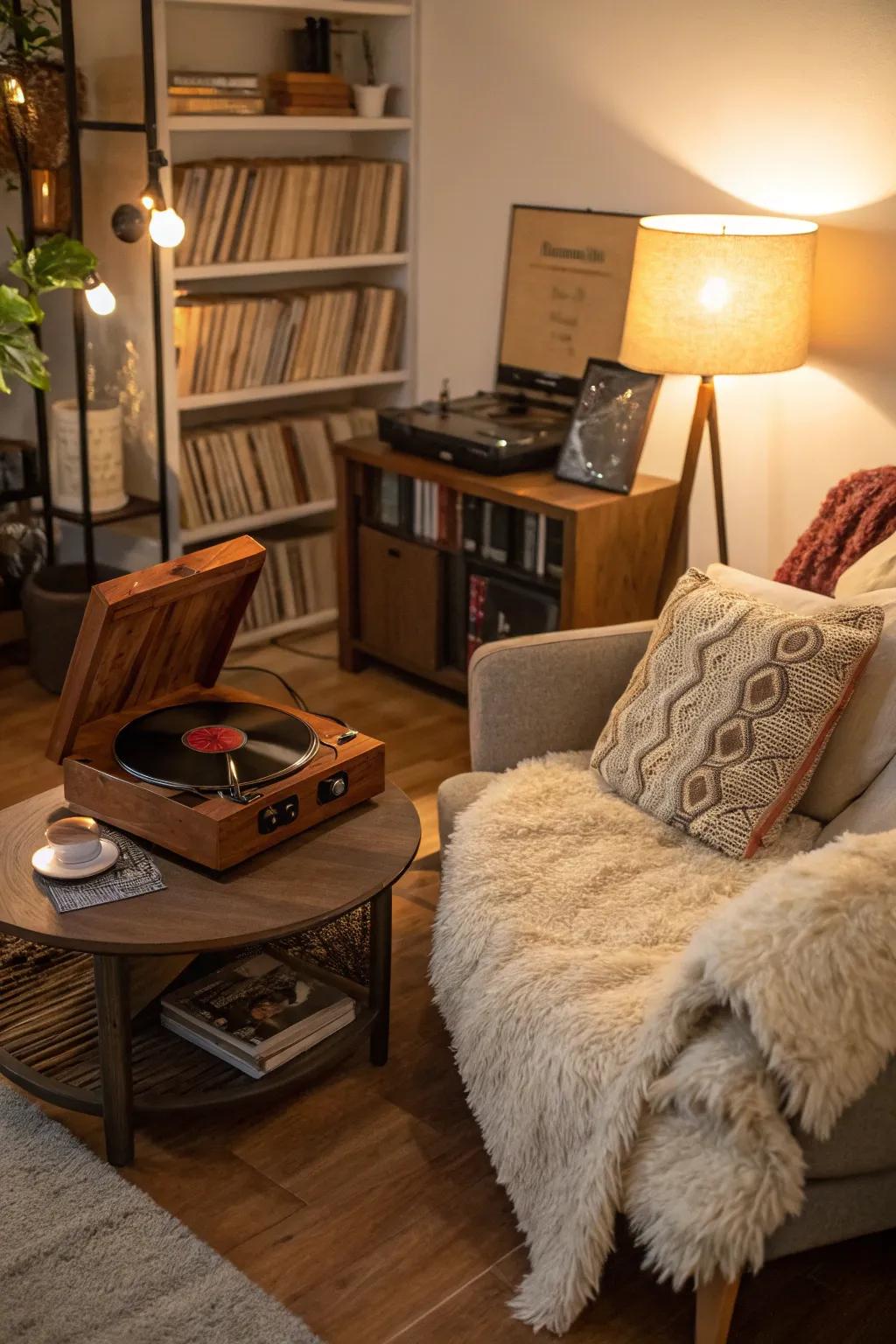 A dedicated listening nook provides a personal retreat for enjoying music.
