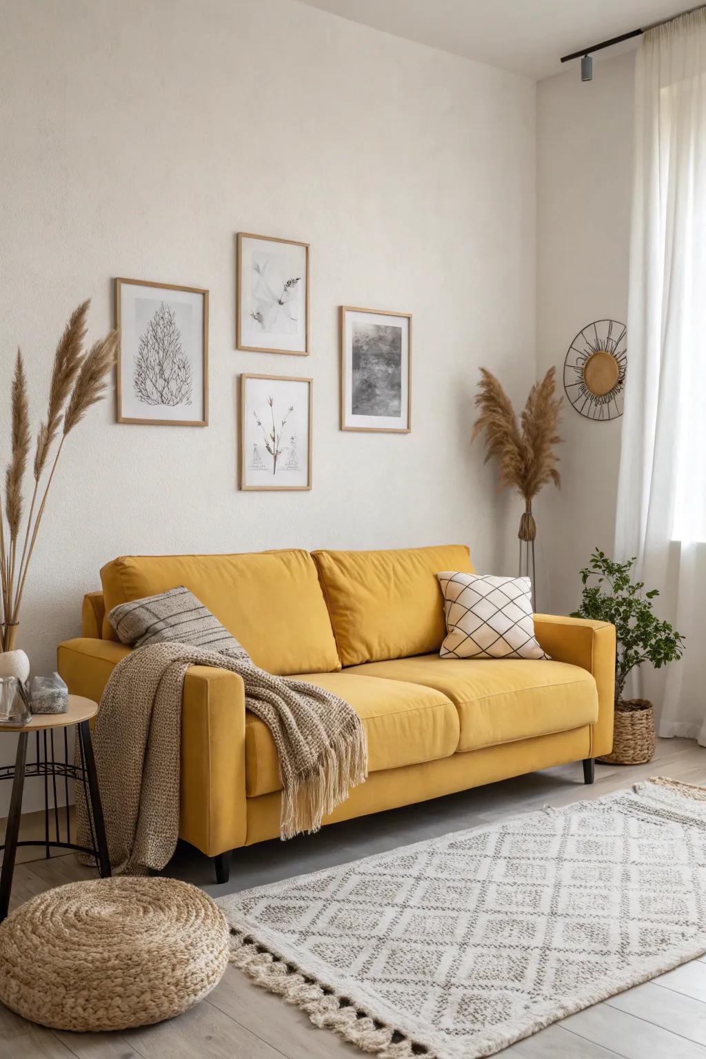 Minimalism accentuates the audacity of the goldenrod couch.