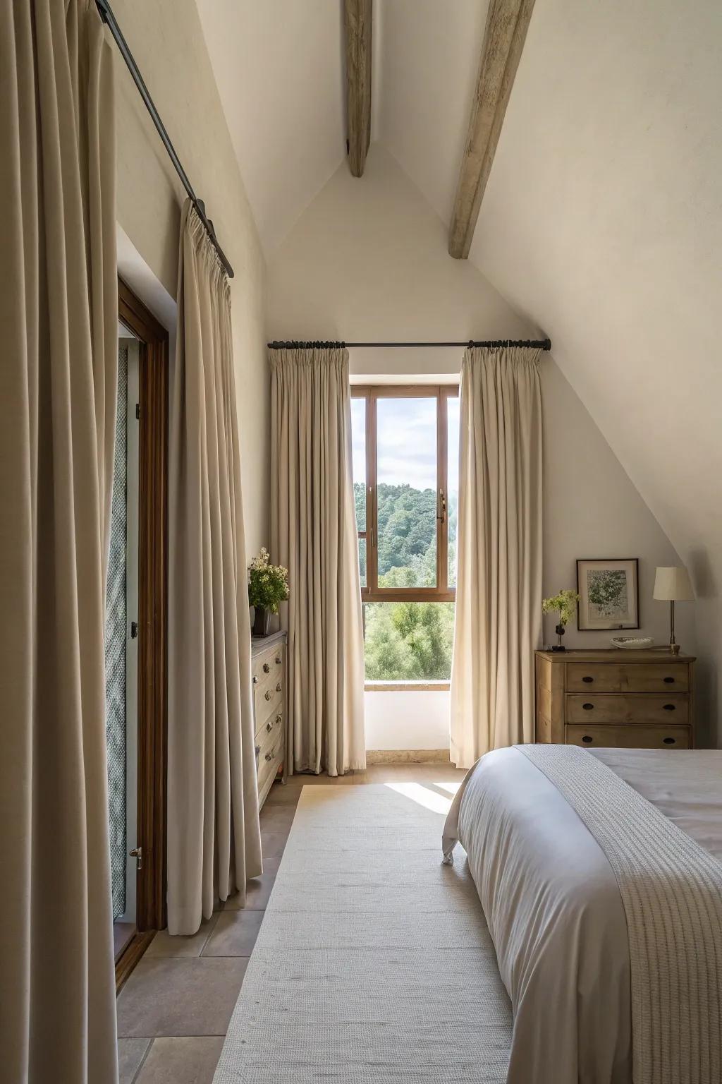 Elevated drapes amplify the sensation of height within a slender bedroom.