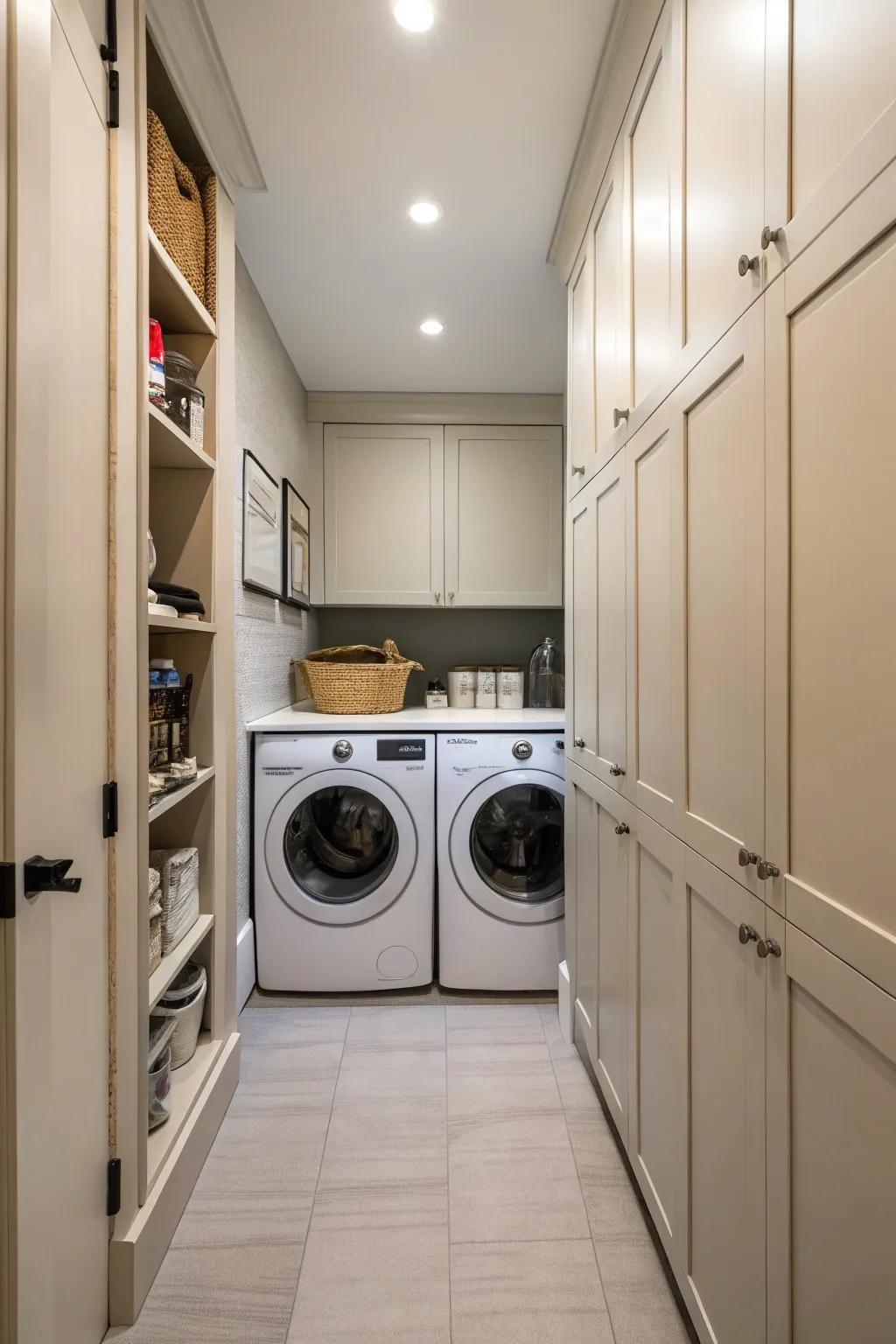 Concealed laundry nooks ensure a neat and streamlined appearance.