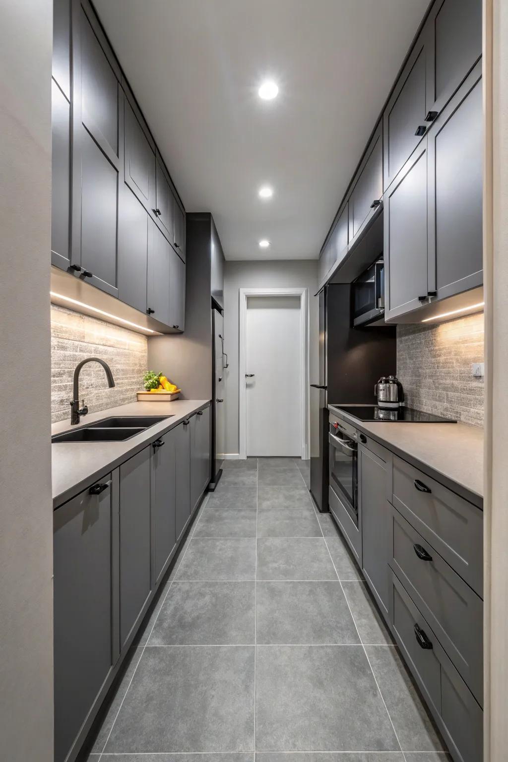 A single-hue arrangement delivers harmony to slender kitchens.