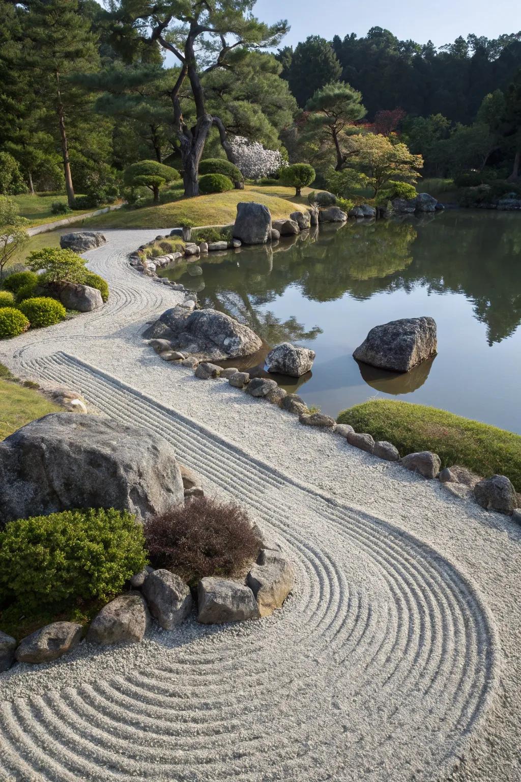 A Zen garden trait lending tranquility to a pond setting.