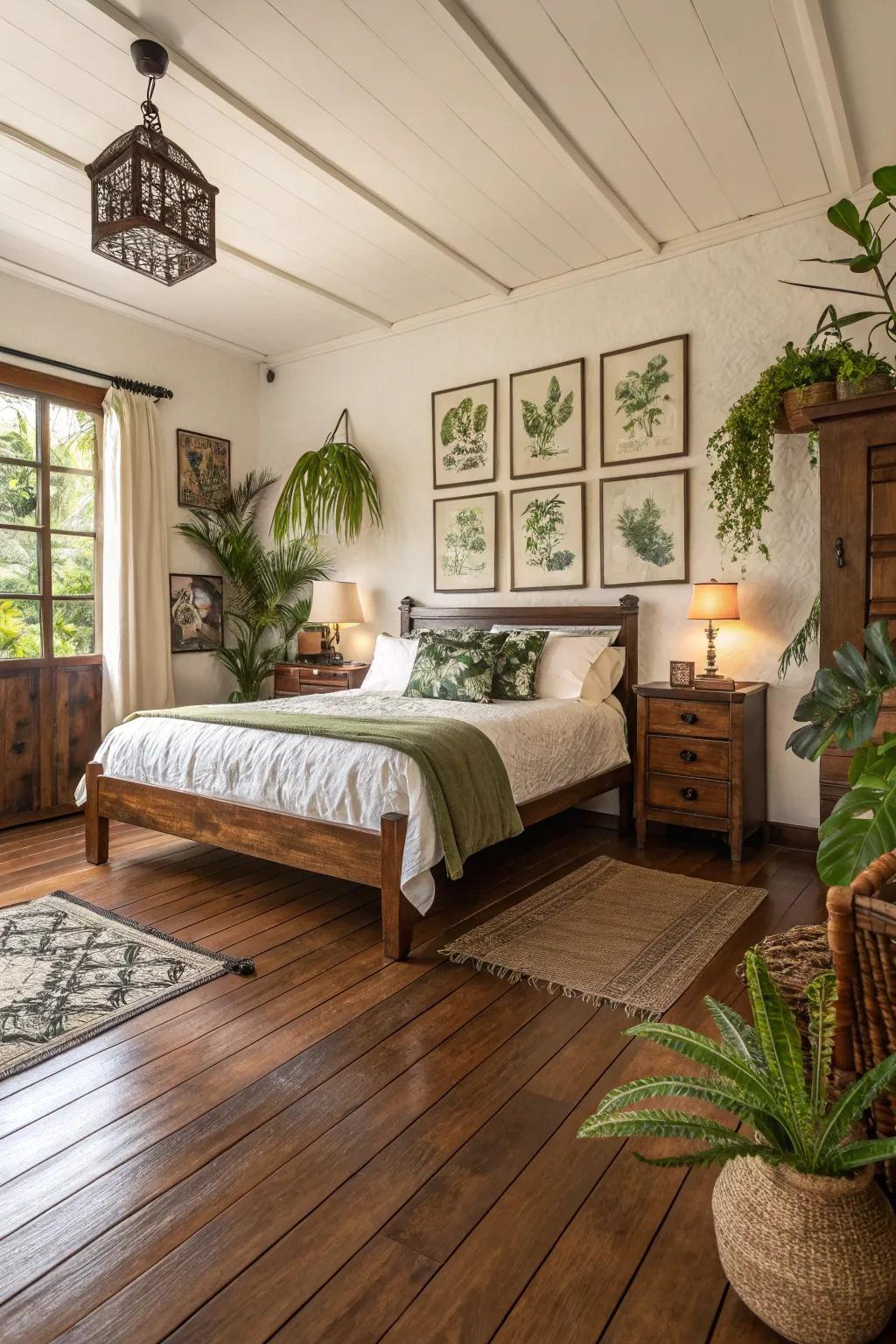 Wooden flooring offers a warm base for nature-inspired designs.