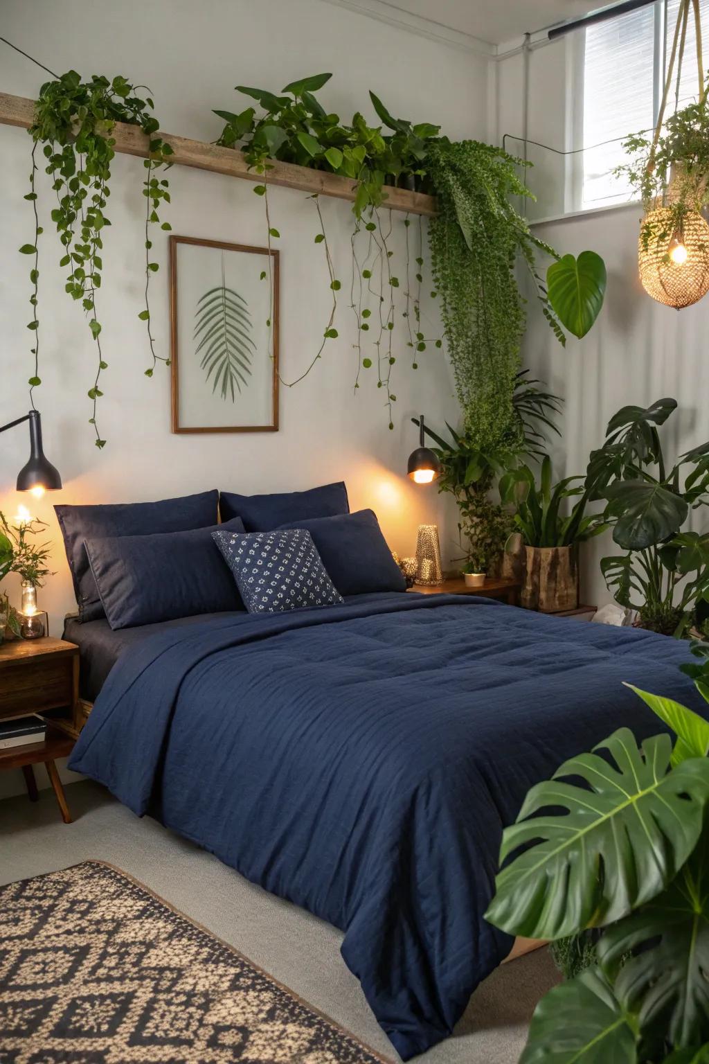 Revitalize your space with sea blue bedding and lush greenery.