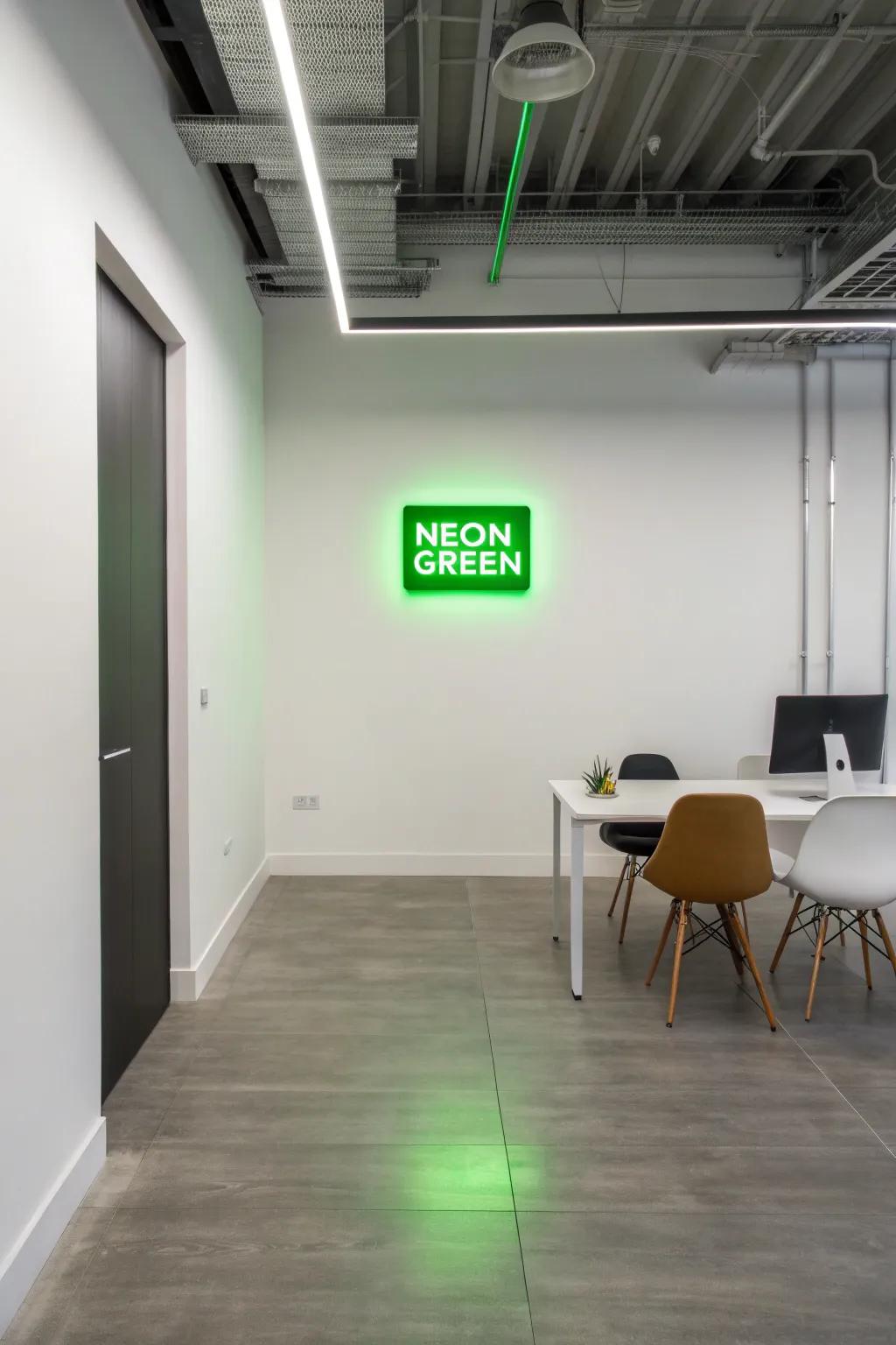 A vibrant neon art creates a captivating contrast in a minimalist office.