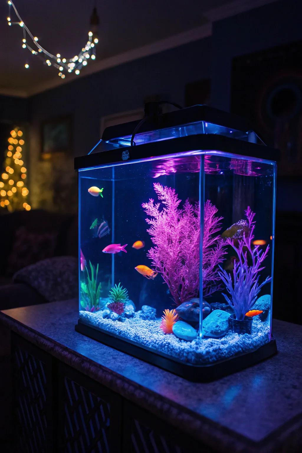 Ultra-violet light enhances the glowing effect of this radiant aquarium.
