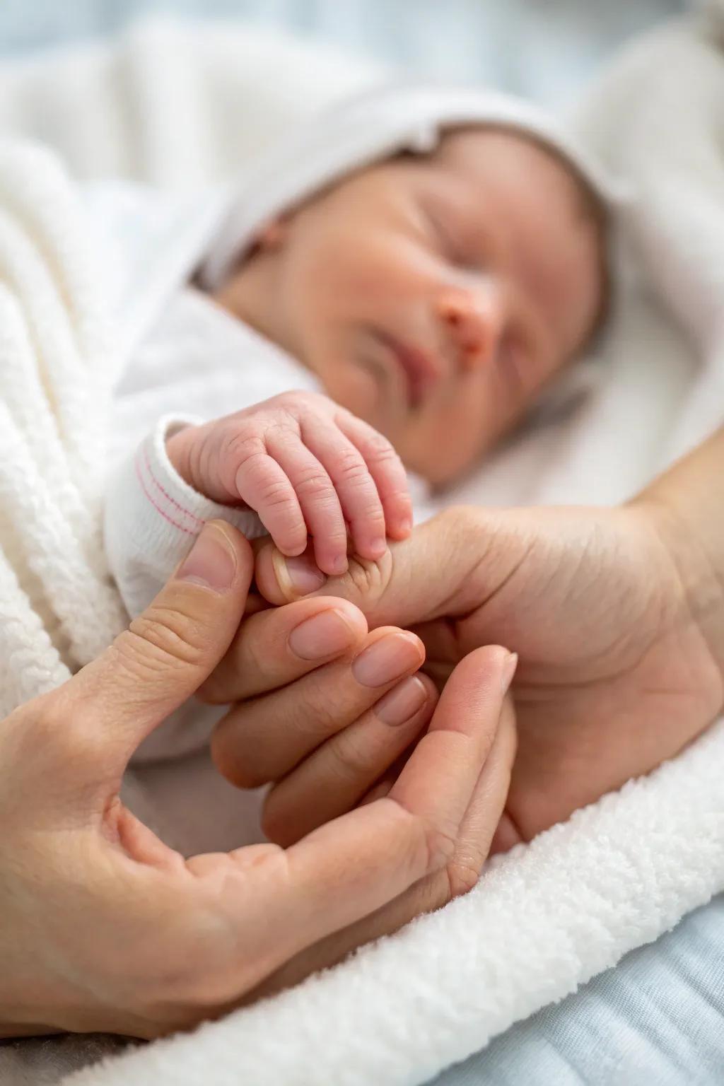A touching moment captured with parent's hands embracing the newborn.