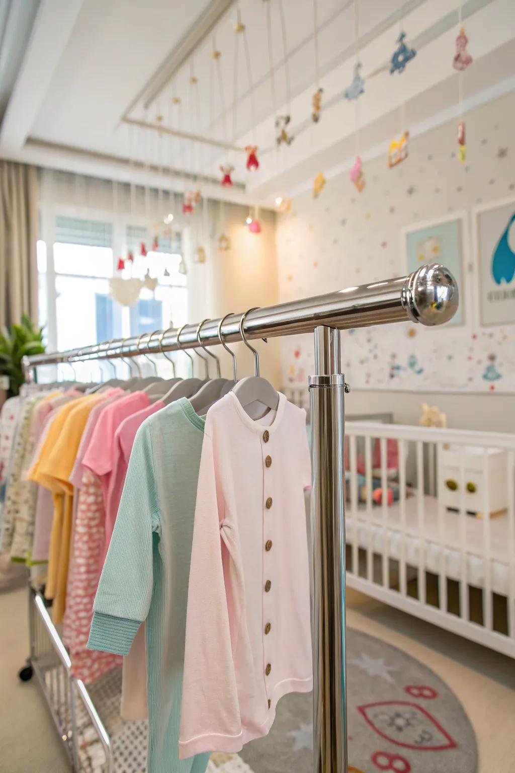 Hanging rods provide an elegant solution for storing baby clothes in small spaces.