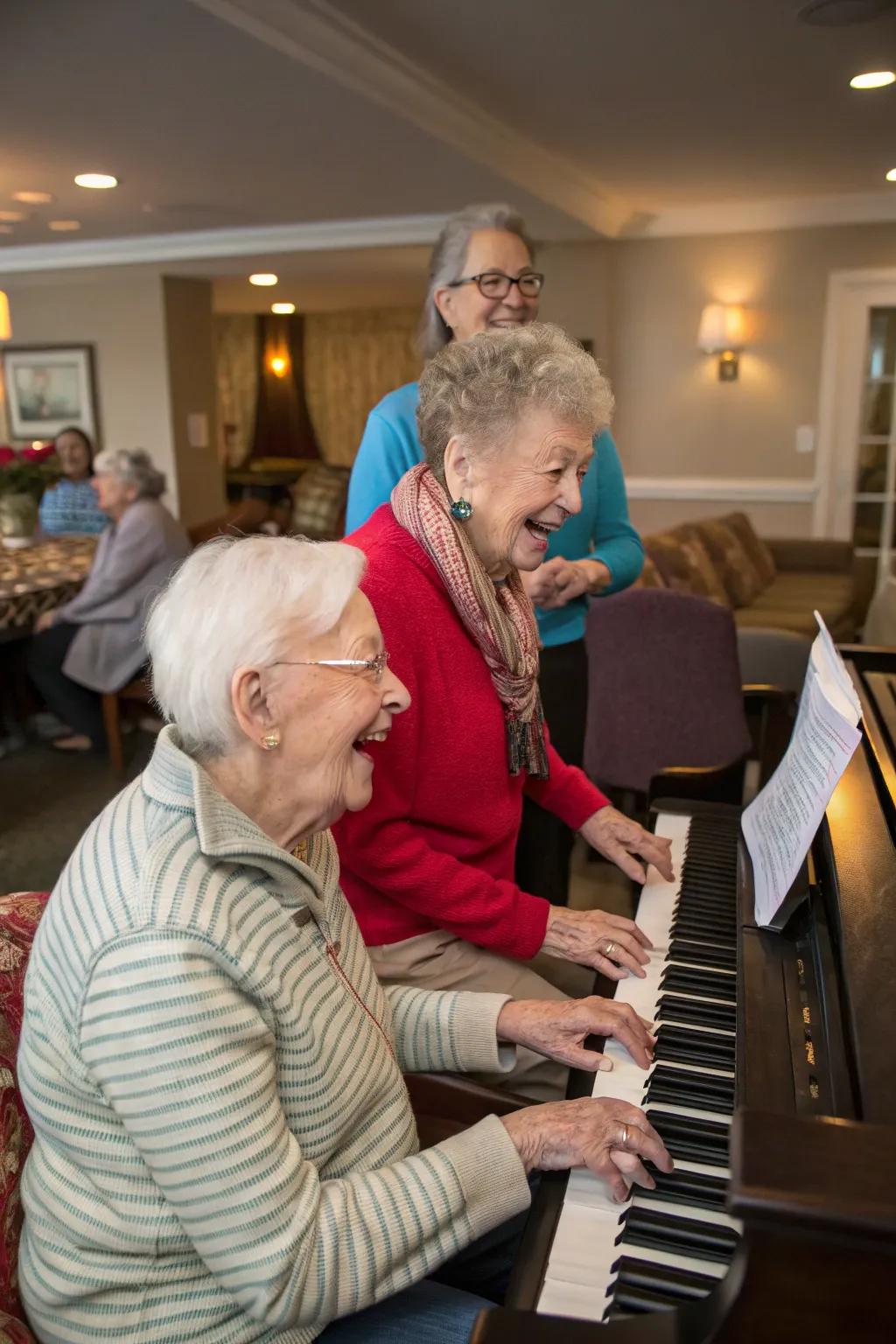 A joyful group music session featuring classic love songs.