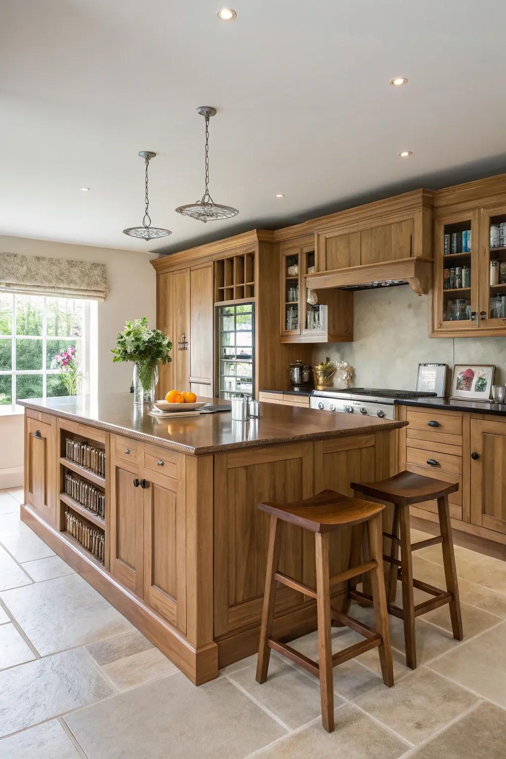 A kitchen island contributes functionality and style to oak kitchens.
