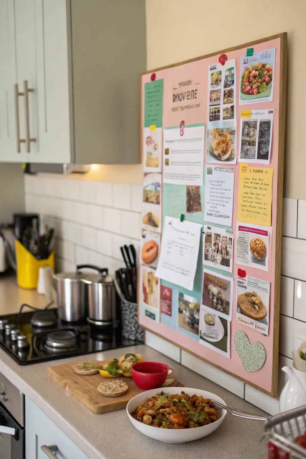 A cooking area bulletin board featuring a food preparation theme.
