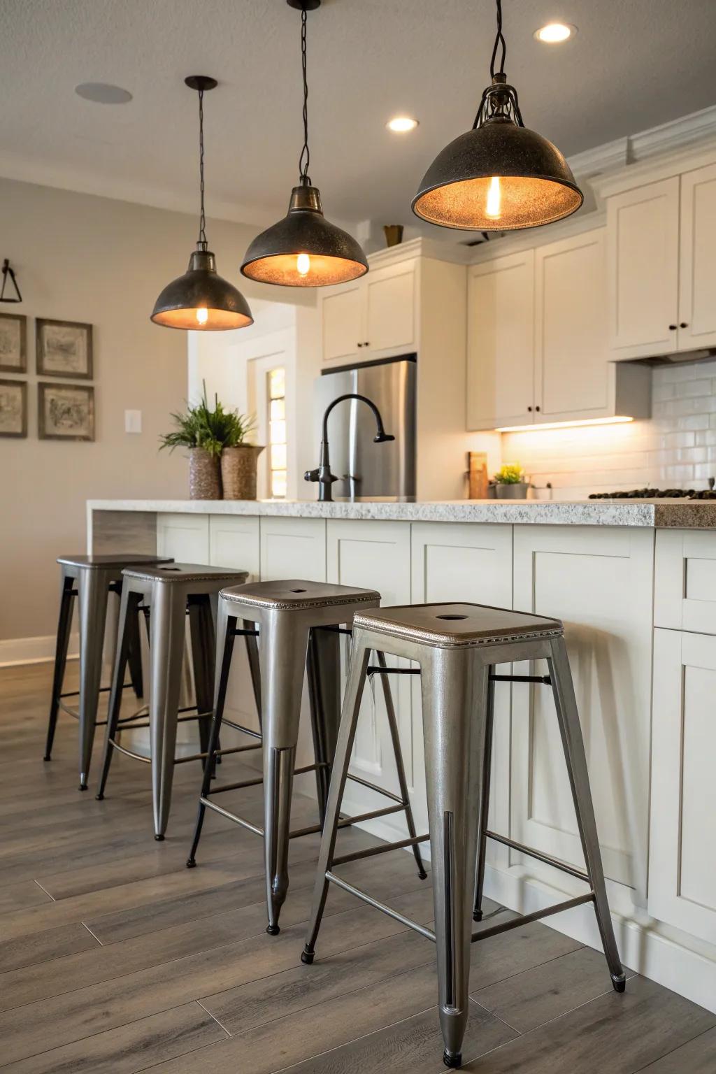 Industrial details inject edge into cream-colored kitchens.