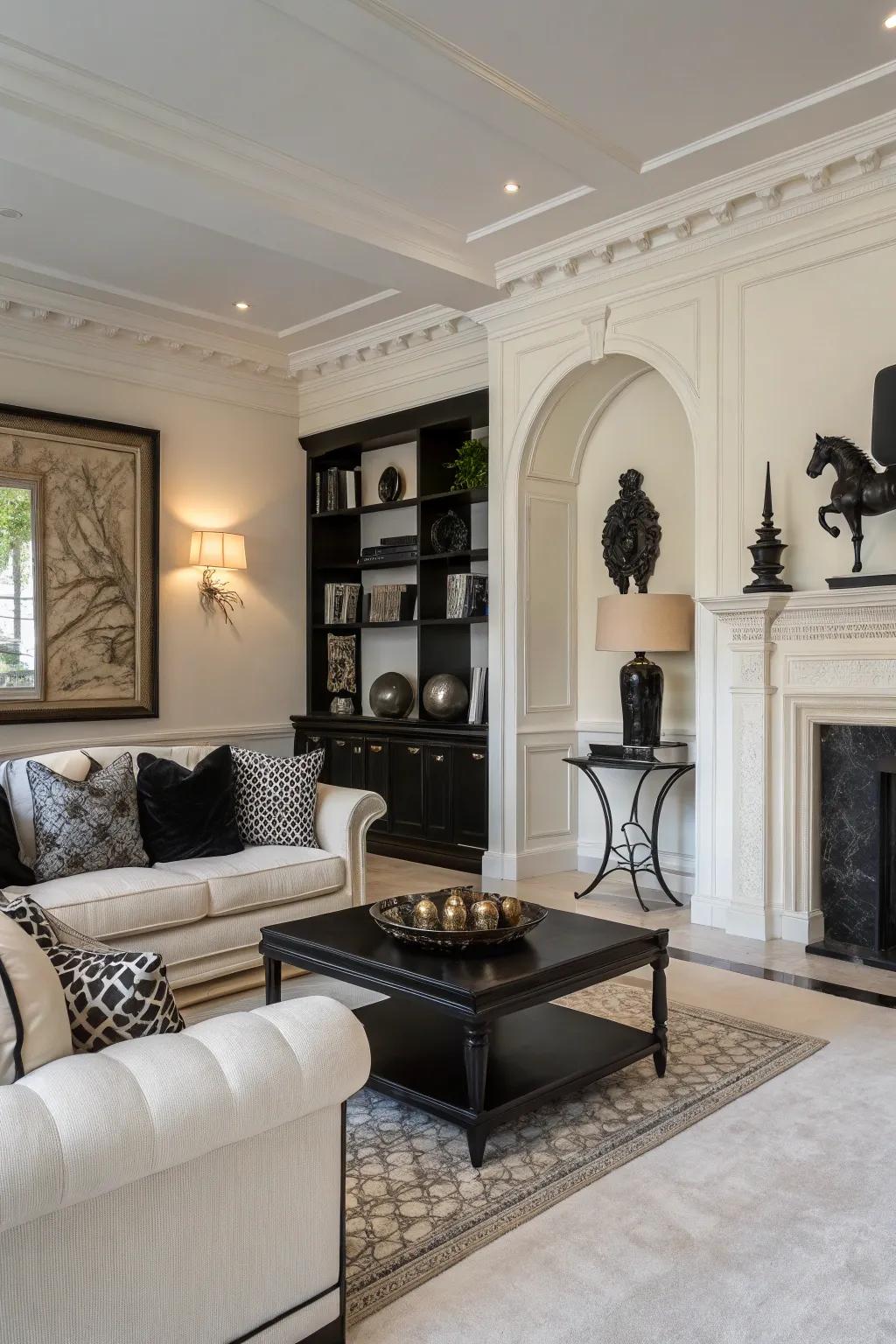Bold black elements add drama to an off-white space.