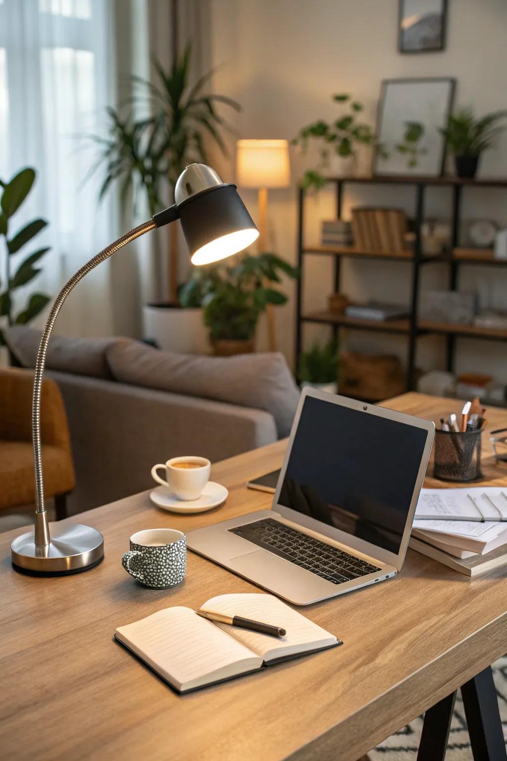 Establish the ambiance with mellow, adaptable lighting.