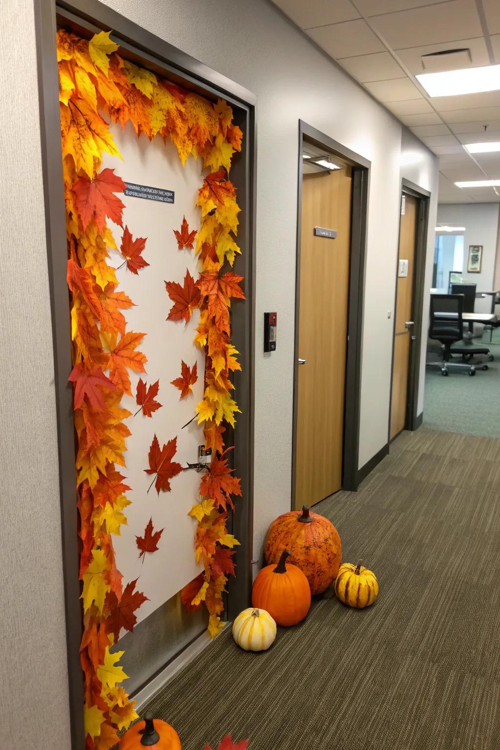 Welcome fall using a seasonal harvest-themed door.