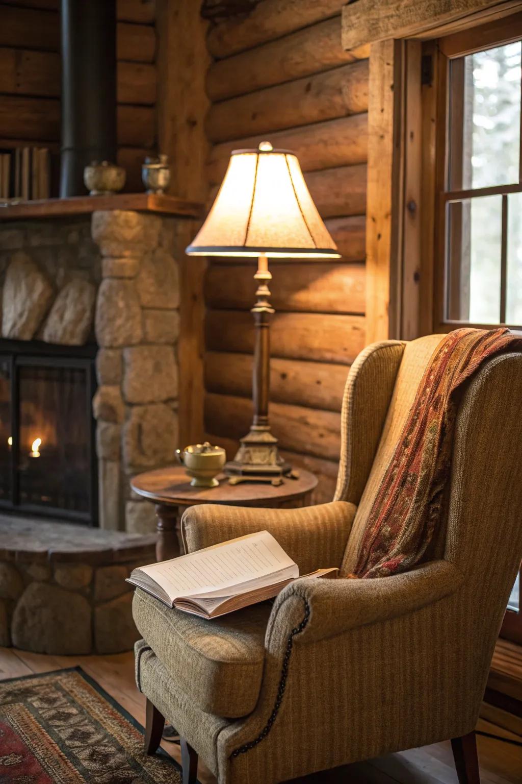 A comfy reading nook in a rustic cabin showing a comfortable armchair and lamp.
