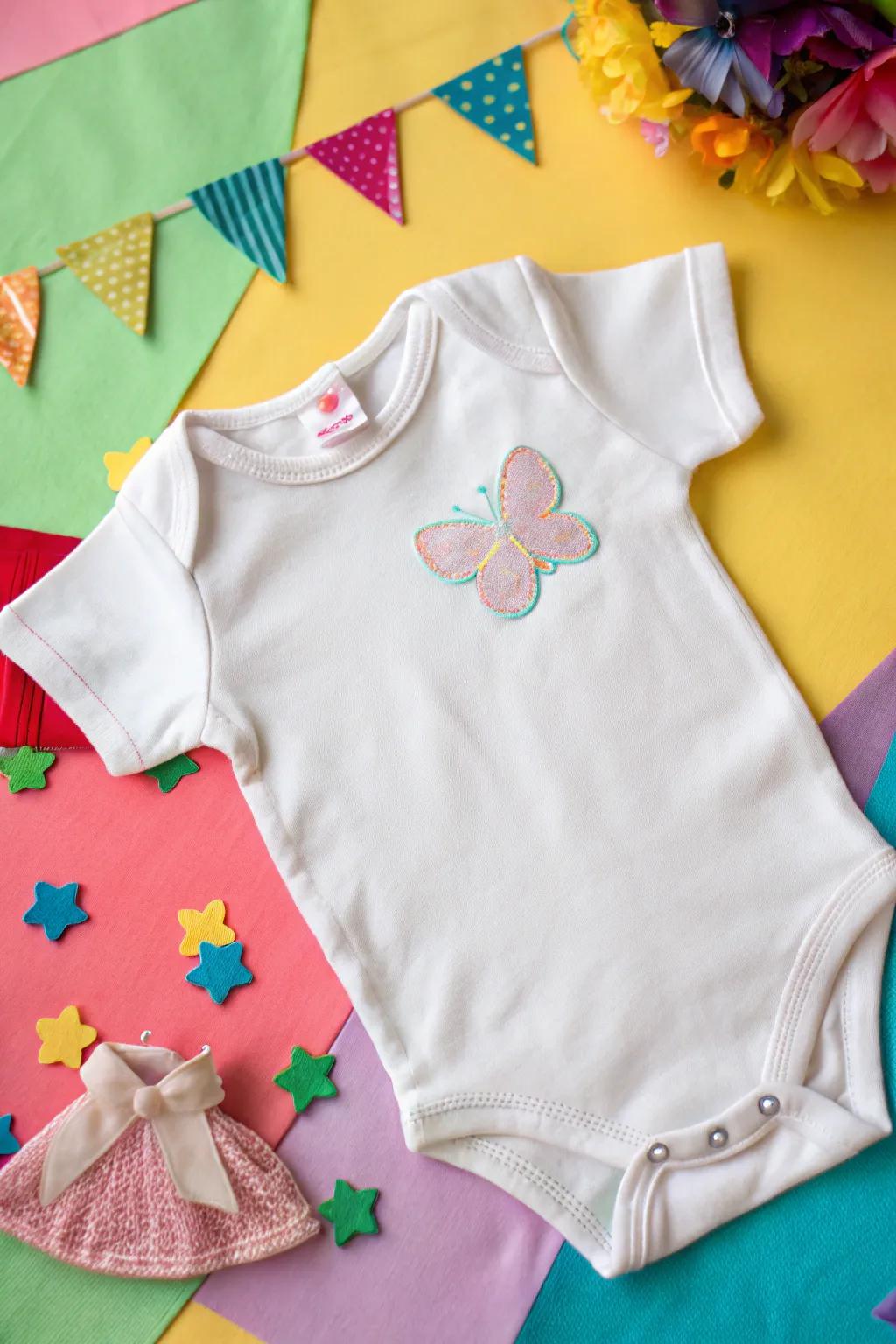 A textured onesie with a fanciful butterfly fabric cutout.