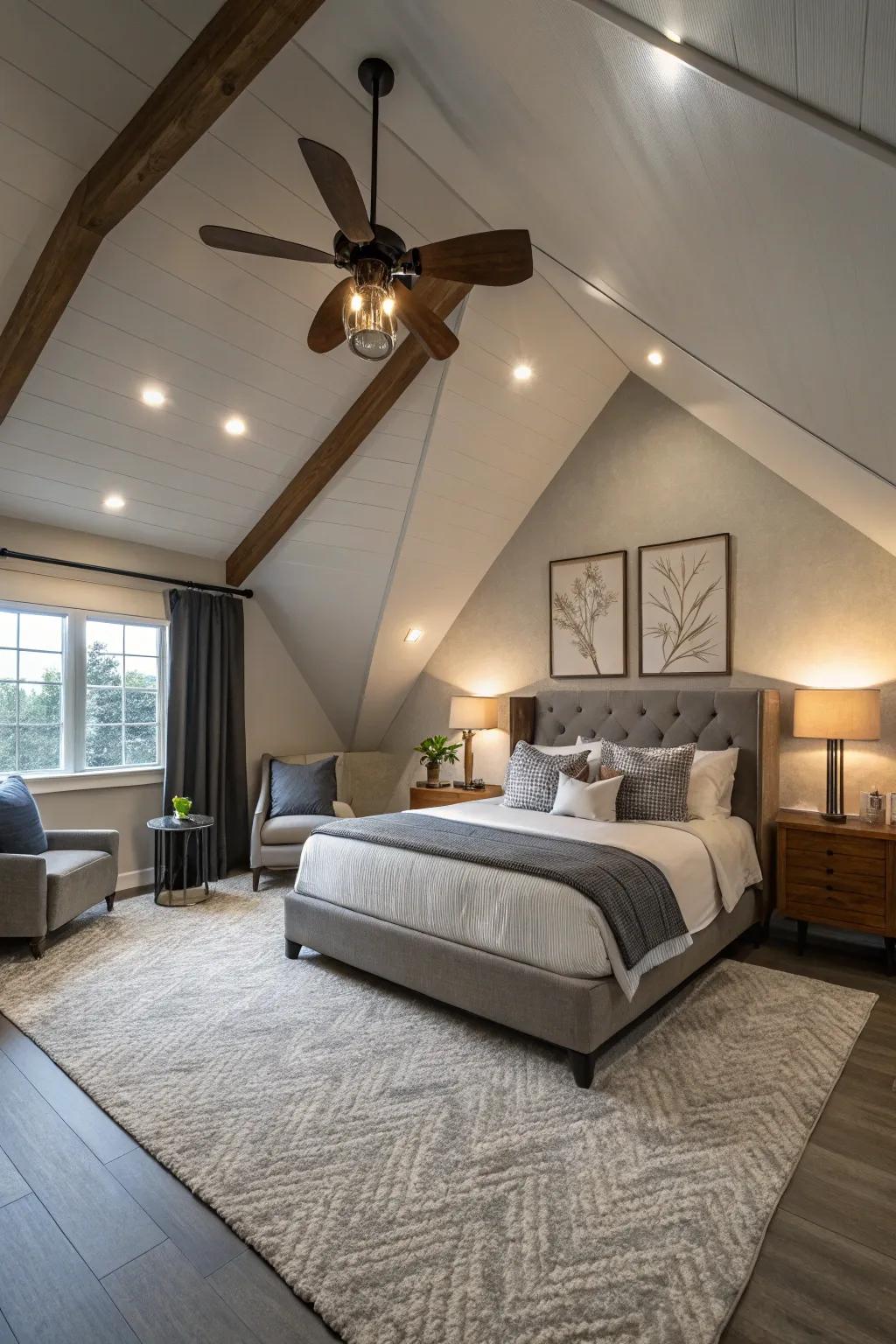 A modern bedroom with a stylish top fan adding both form and function.