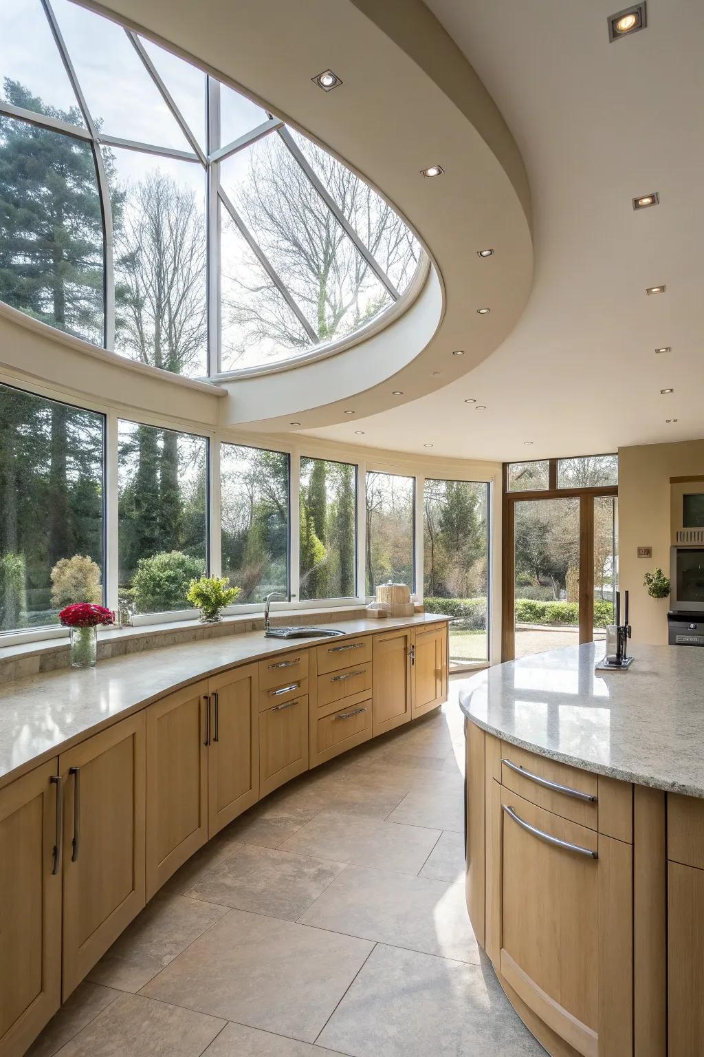 Curved features introduce softness and elegance to the kitchen’s design.