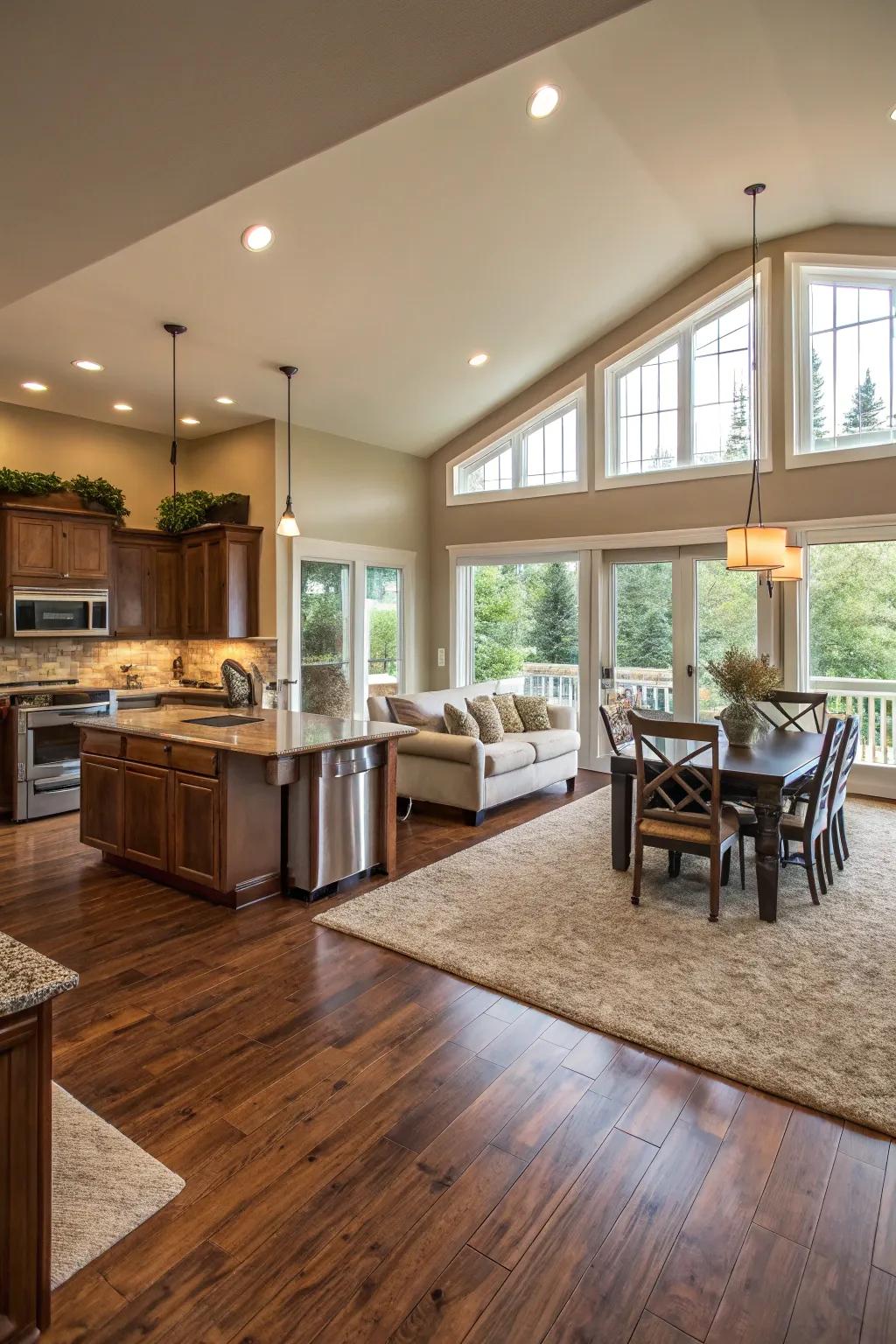Dedicated flooring defines spaces without the need for walls.