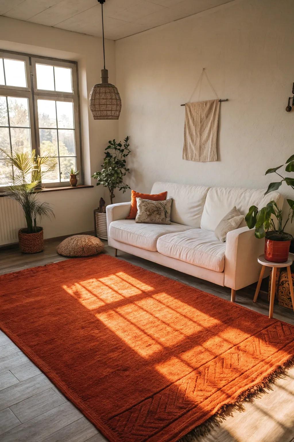 A tangerine floor covering adds warmth and depth to a comfortable, simple room.