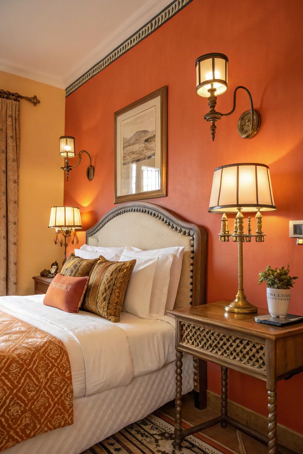 Gilding features inject elegance onto the retro vibe of orange walls.