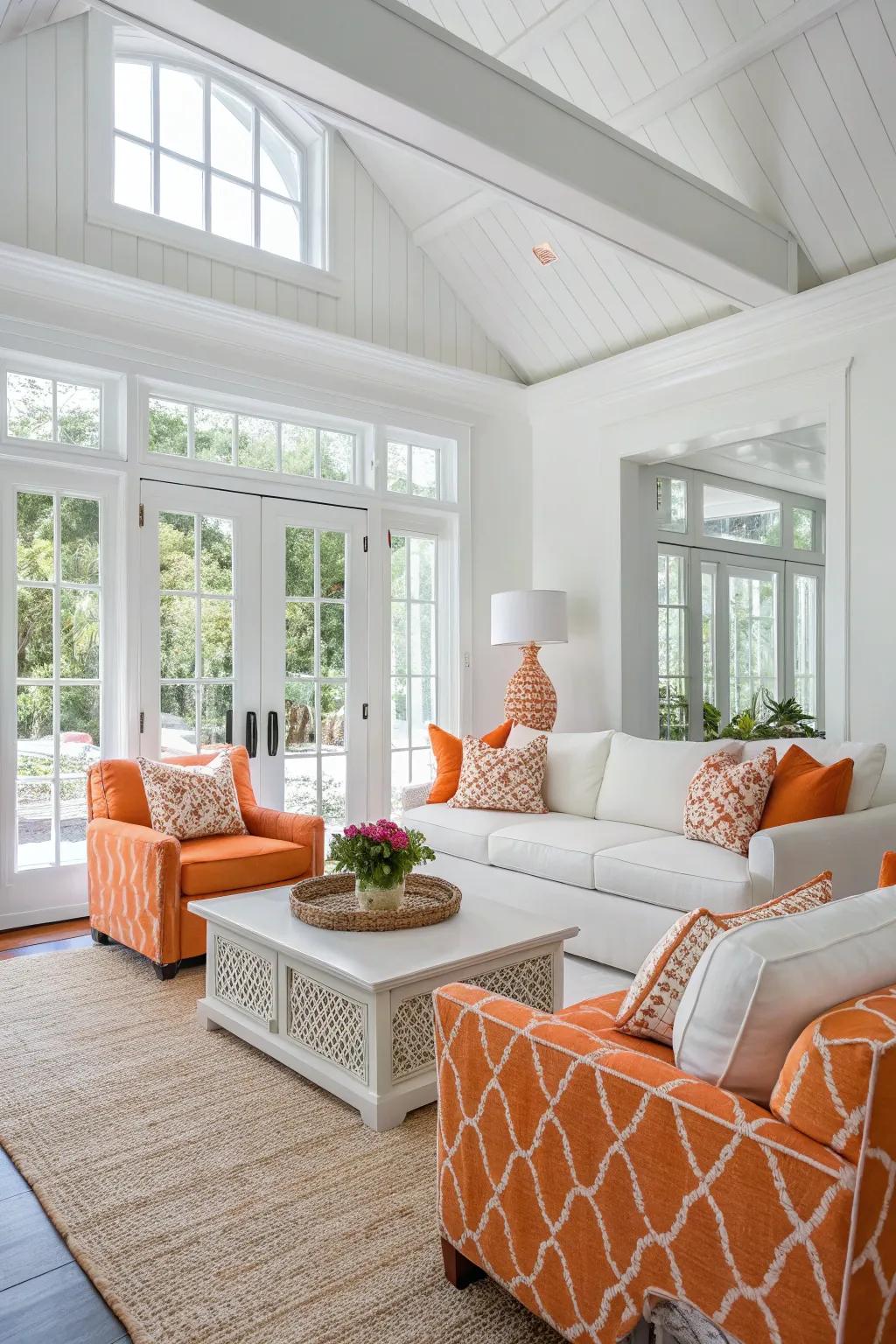 A refreshing and modern lounge with an orange and white color scheme.