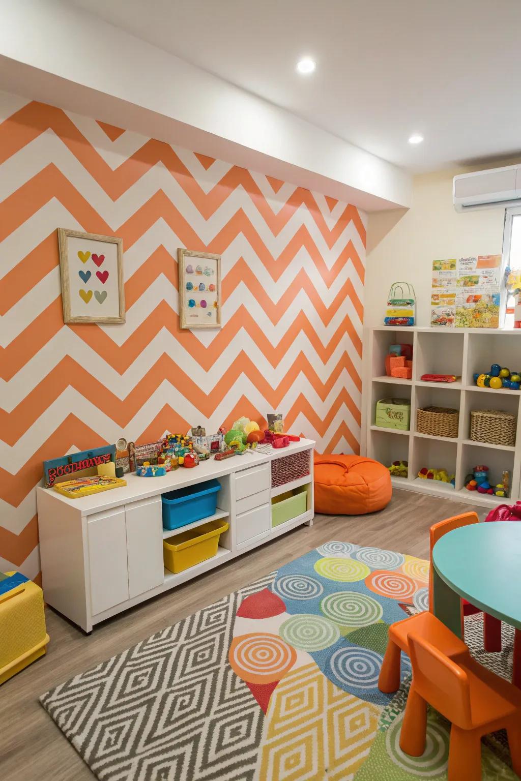 A playroom bursting with energy thanks to its tangerine and alabaster chevron walls.
