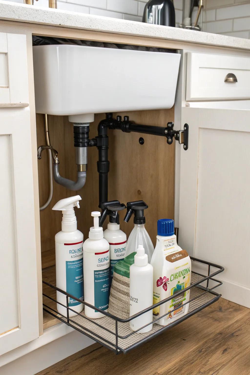 A tension rod adds additional hanging storage for bottles.