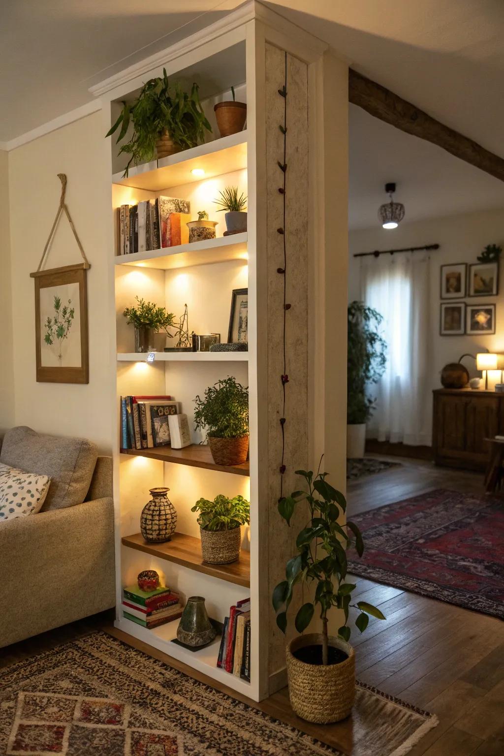 Corner shelves maximize space and feature decor