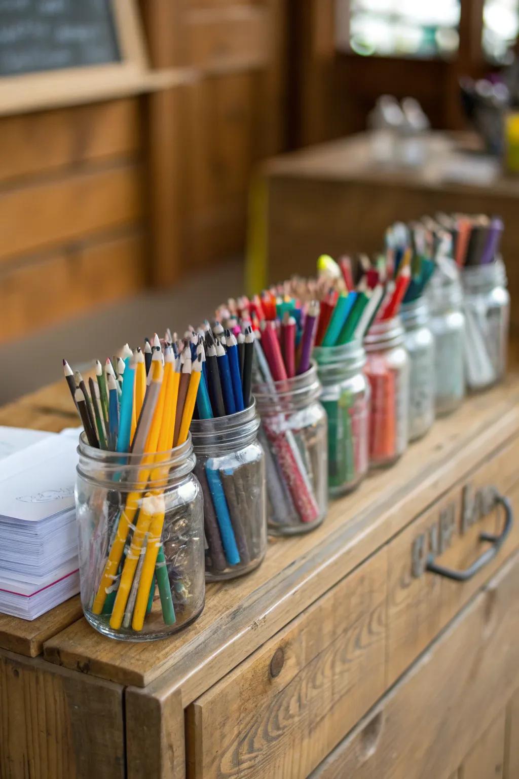 Bricklayer jars introduce a rustic charm to arranging items.