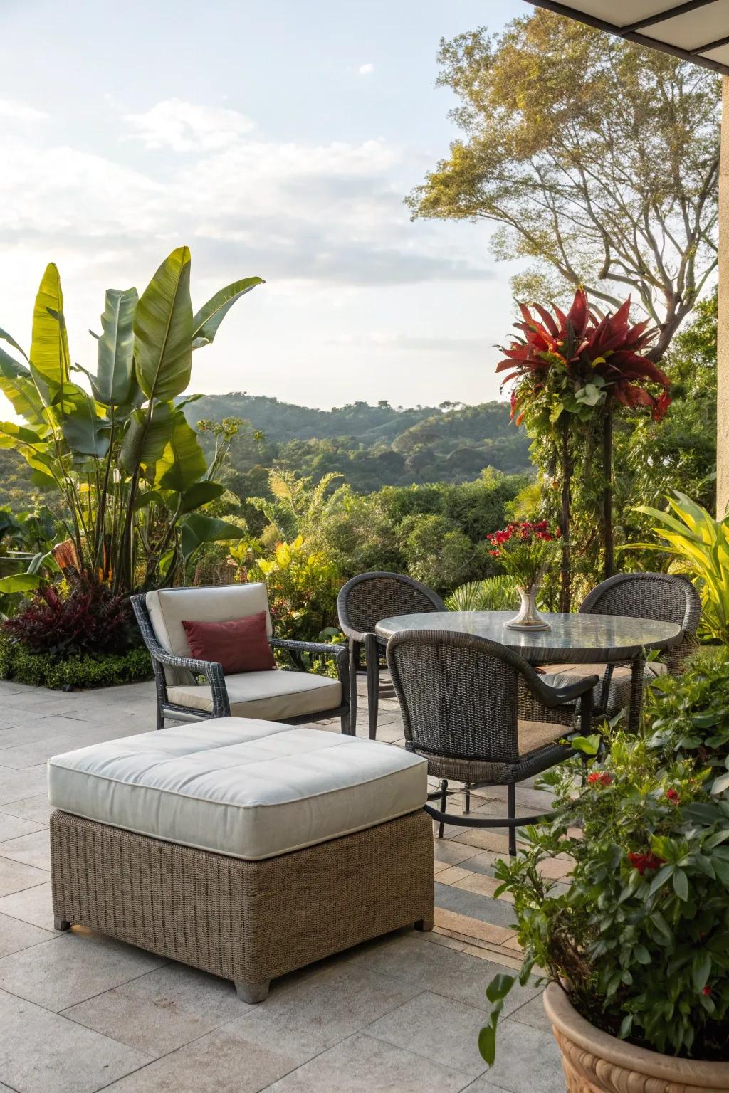 An outdoor oasis featuring a stylish ottoman.