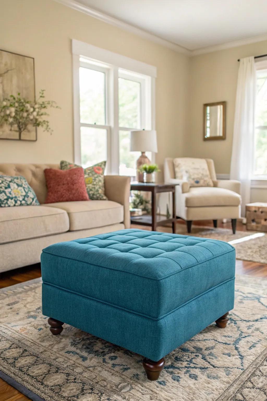 A vibrant ottoman acts as a striking design feature in a neutral room.