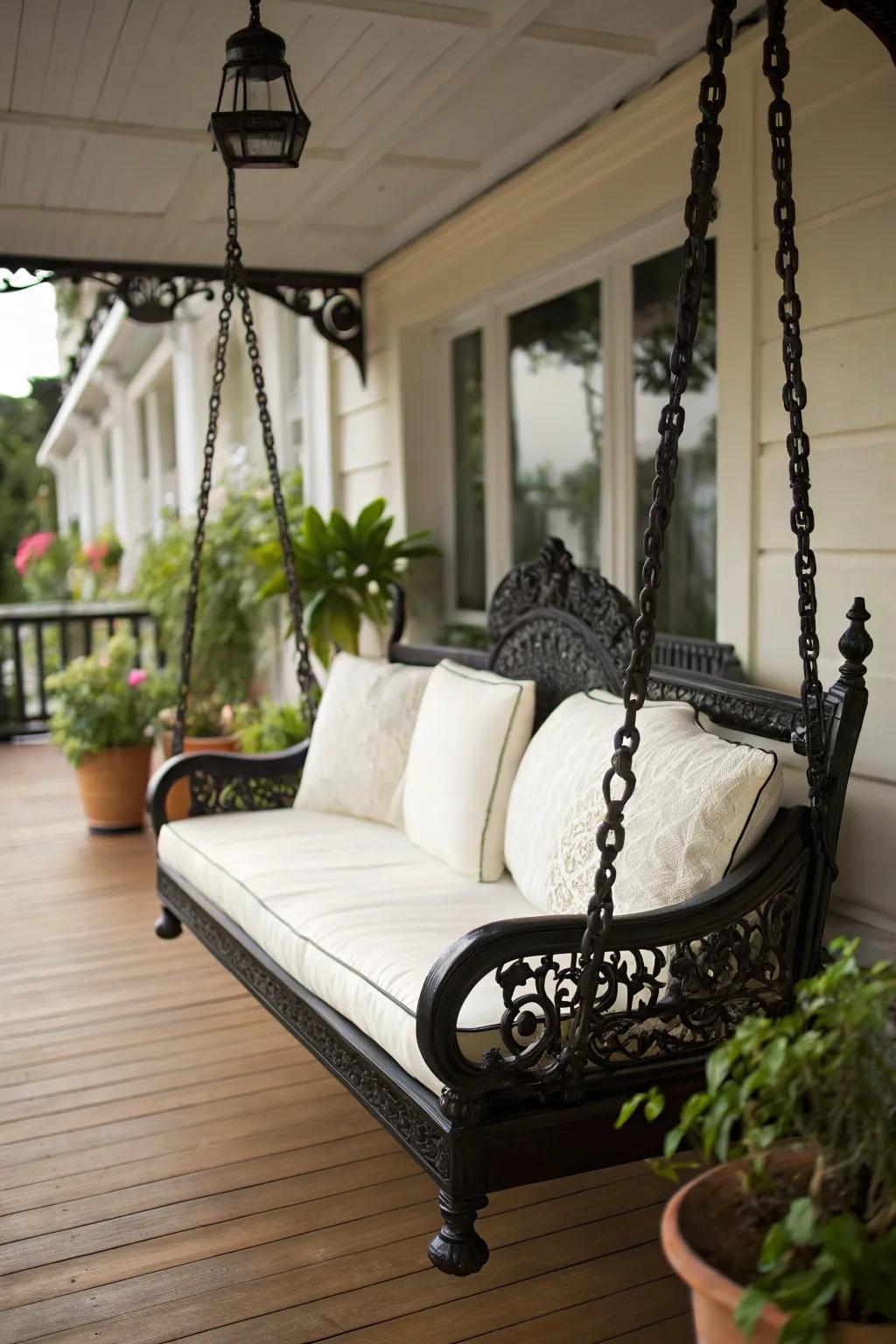 A vintage hanging swing that adds charm and character to this patio.