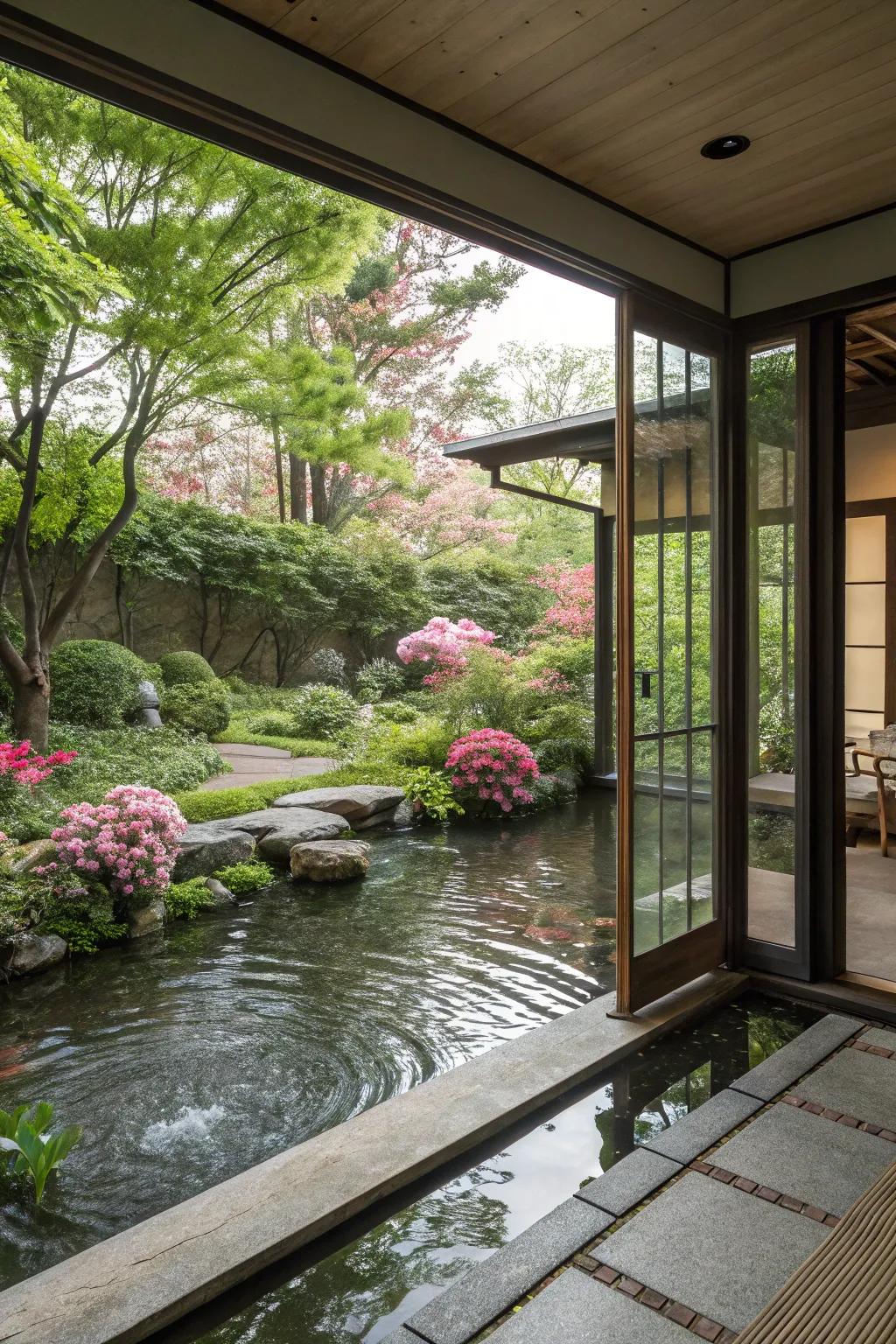 A soothing water display imparting serenity to a garden room.