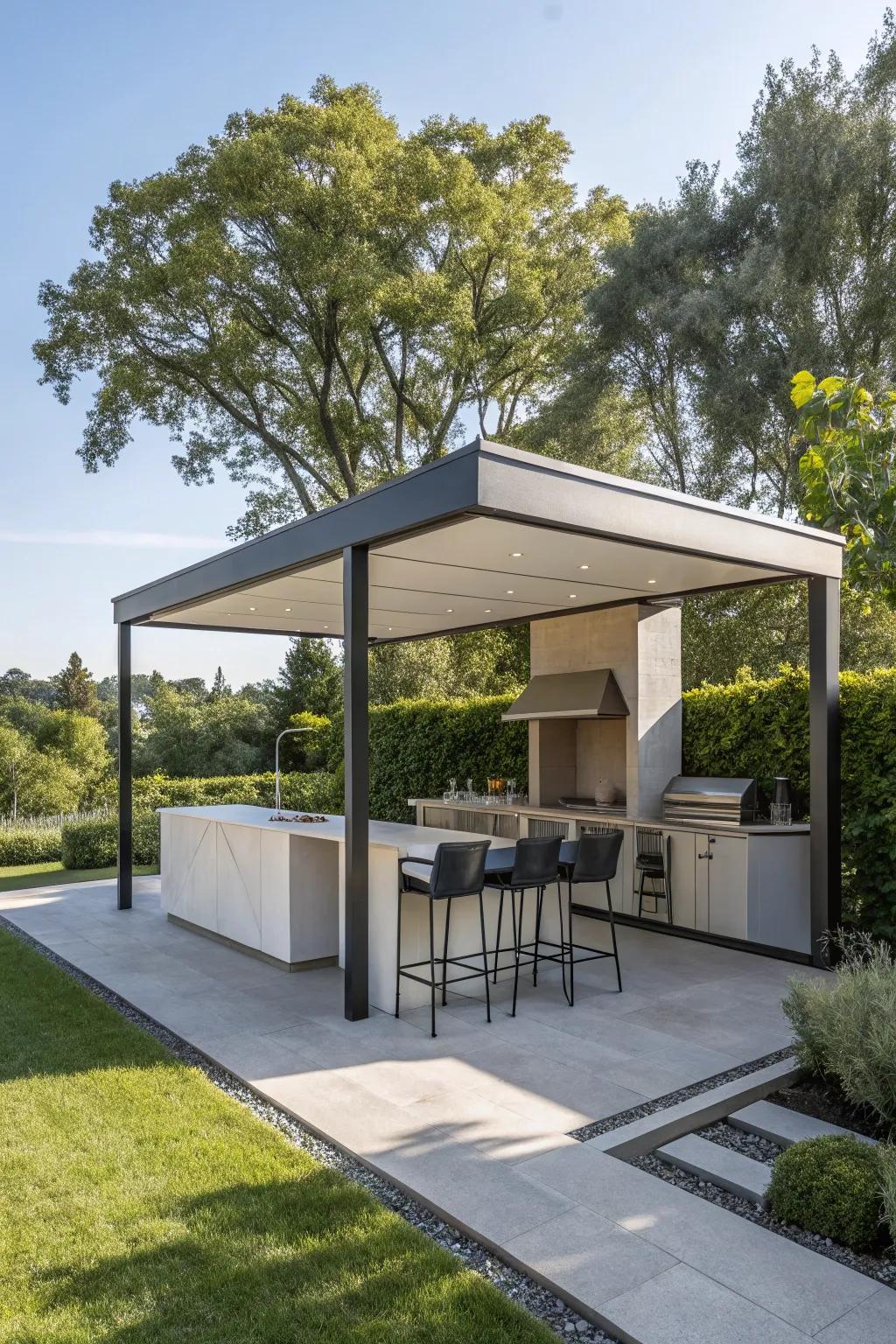 Find the appeal of simpleness through a minimalist outdoor kitchen gazebo.