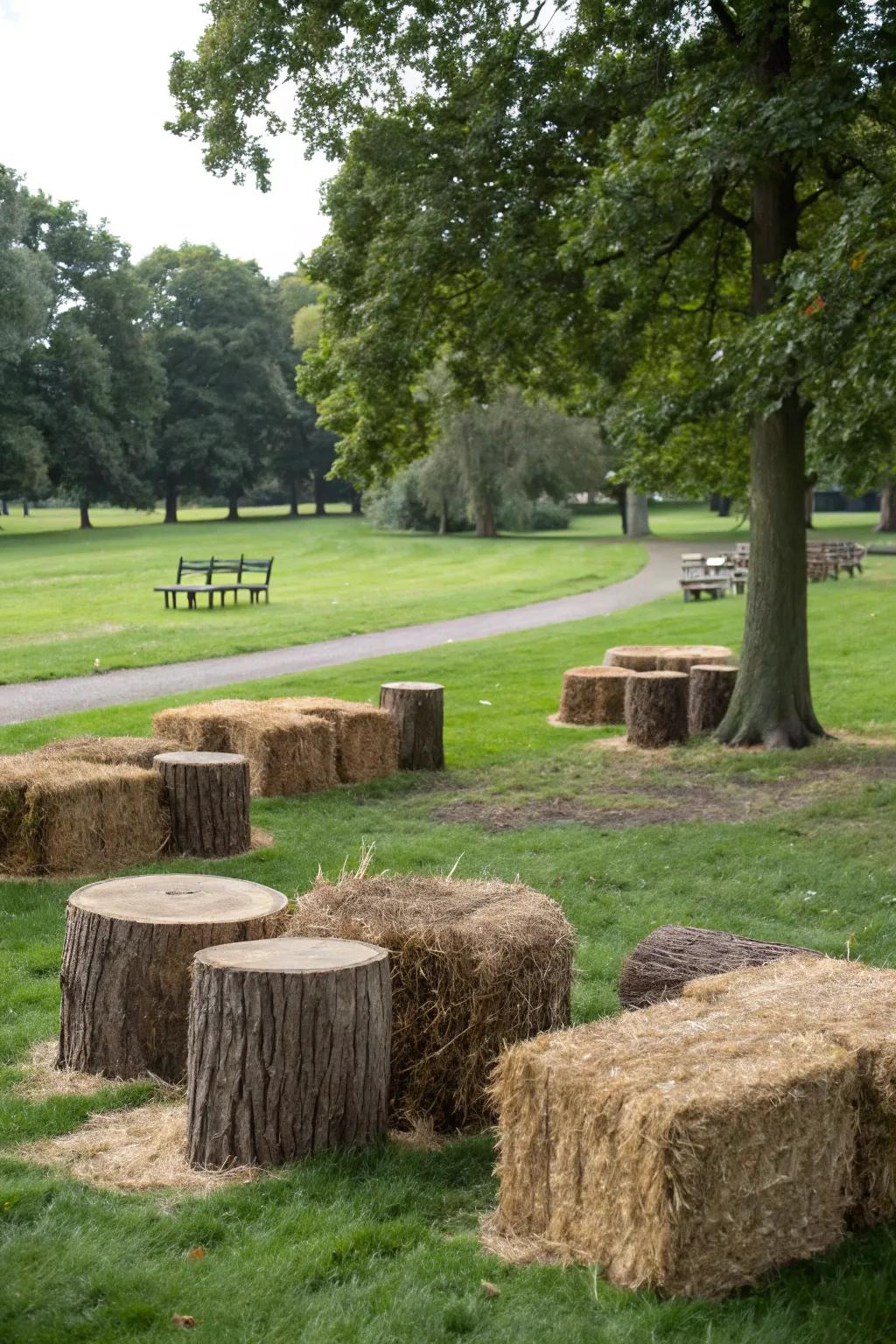 Rustic seating designs add appeal and charm to gatherings in the park.