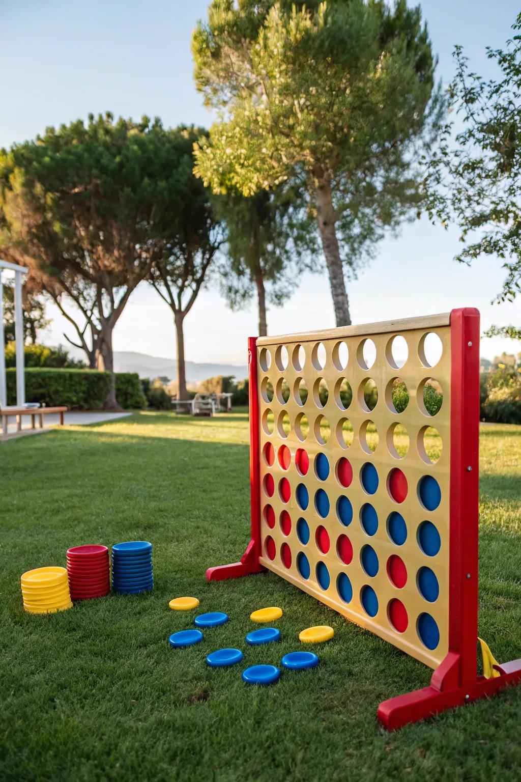 A jumbo alignment challenge game enthralling attendees at an outdoor gathering.