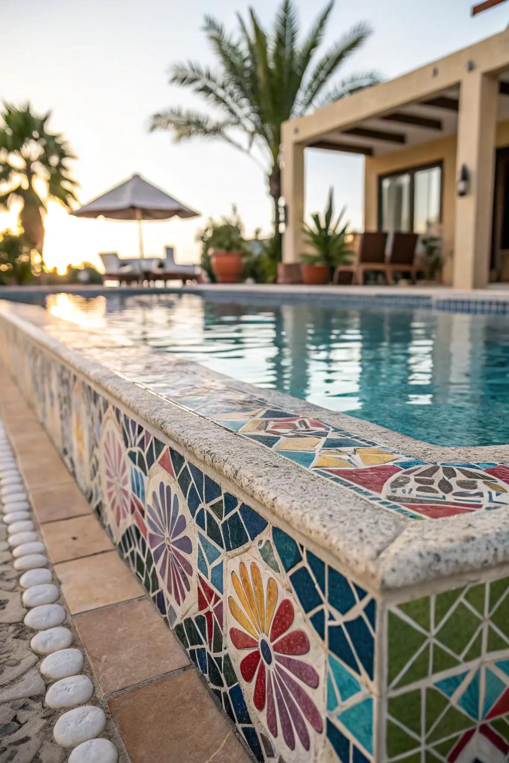 Mosaic accents add vibrant color and artistic flair to your pool.