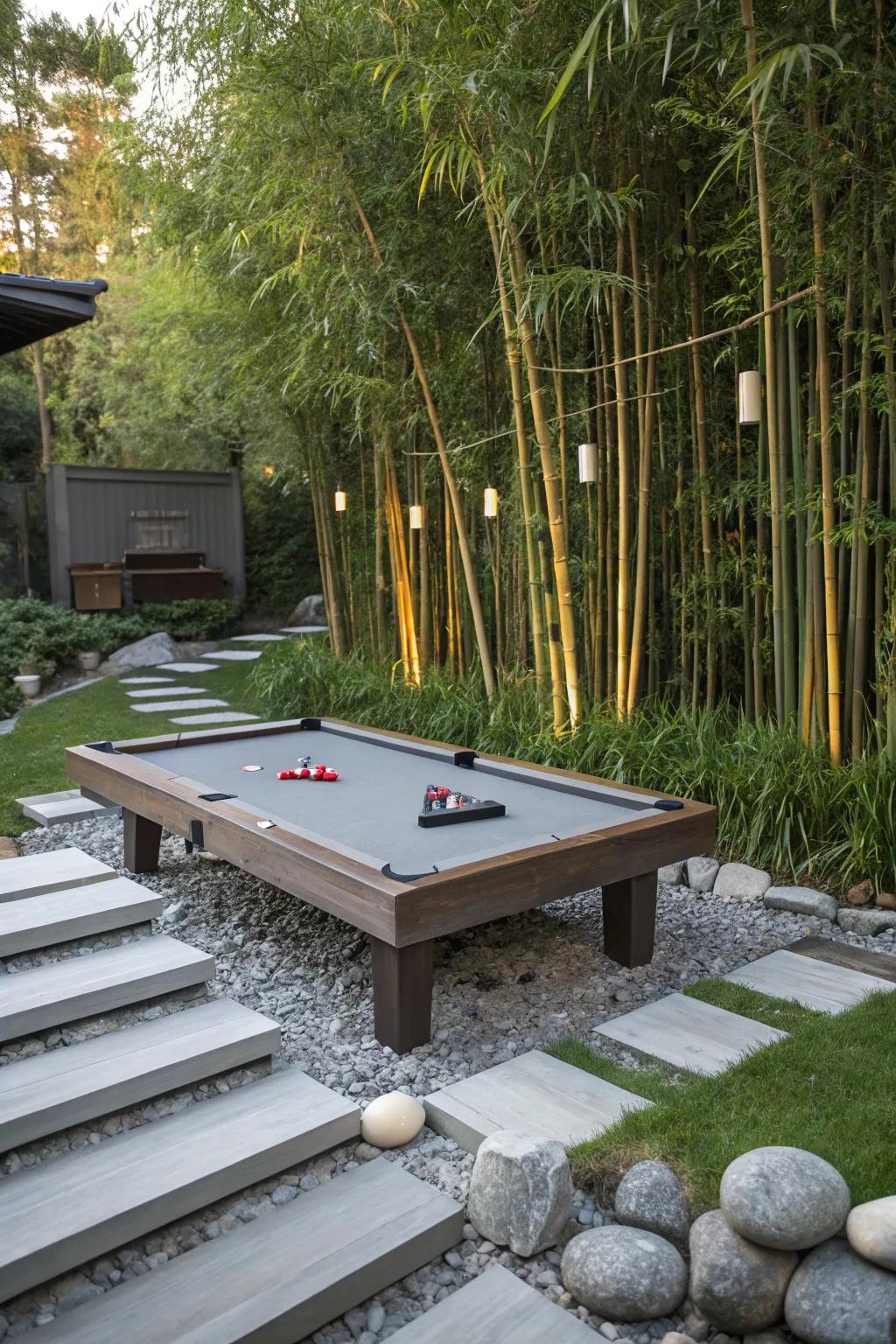 A snooker table nestled in a tranquil Tranquil garden.