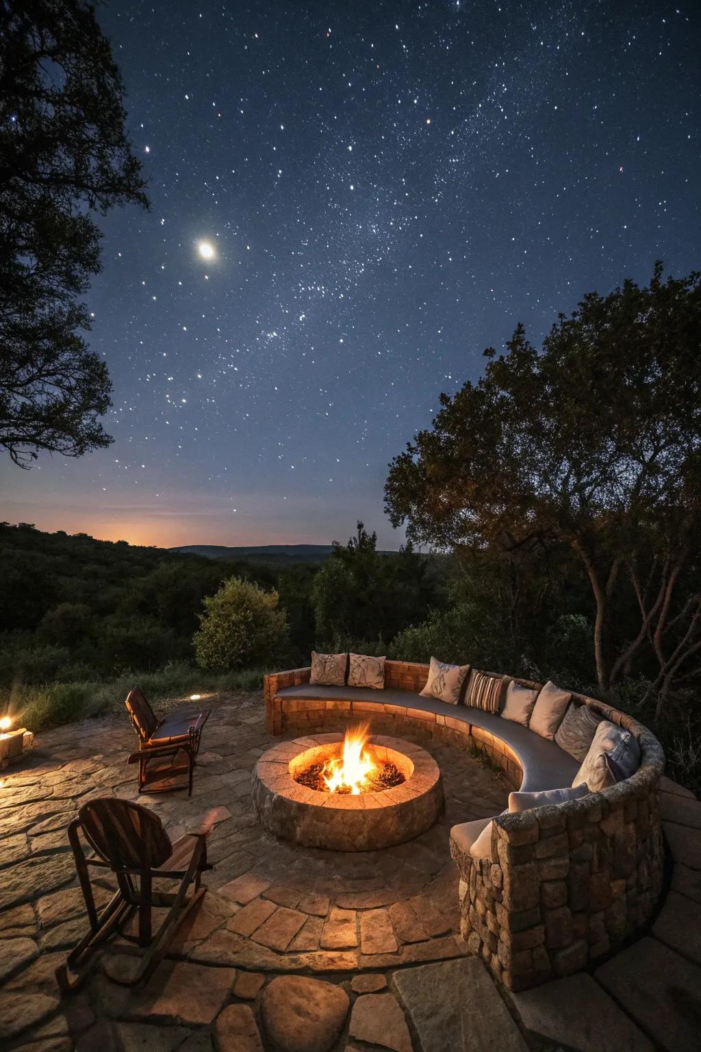 A contained bonfire adds warmth and a gathering point for outdoor evenings.