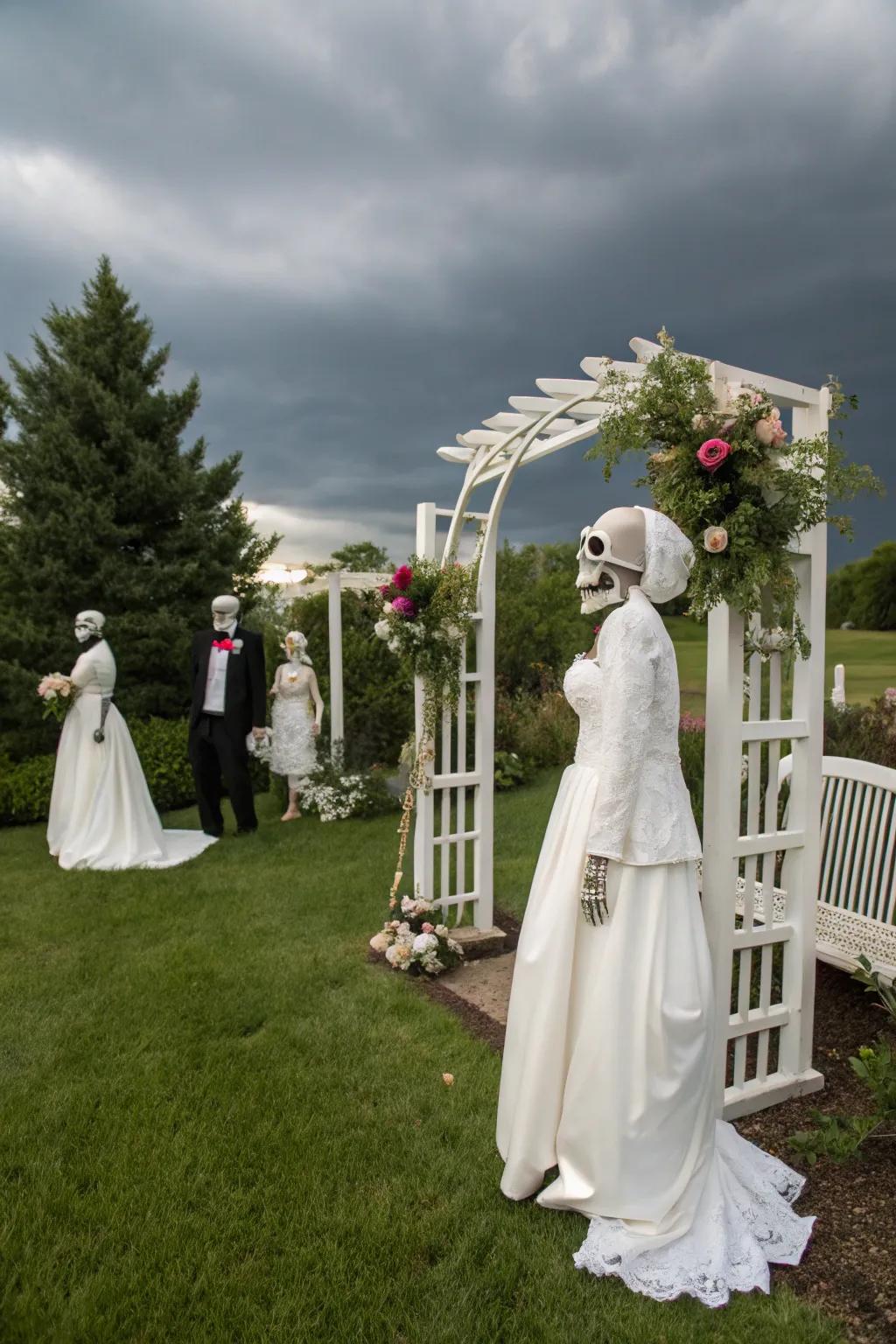 A spooky yet romantic <strong><em>skeleton</em></strong> wedding scene.&rdquo; loading=&rdquo;lazy&rdquo; class=&rdquo;pimg&rdquo;>
	</picture><figcaption>A spooky yet romantic <strong><em>skeleton</em></strong> wedding scene.</figcaption></figure>
<p>Celebrate unending love with <strong><em>skeletons</em></strong> in <strong><em>wedding finery</em></strong>, complete with a <strong><em>spooky aisle</em></strong> and <strong><em>altar</em></strong>. Sprinkle in some <strong><em>faux flowers</em></strong> for a dash of romance.</p>
<h3>Explore these options:</h3>
<ul class=